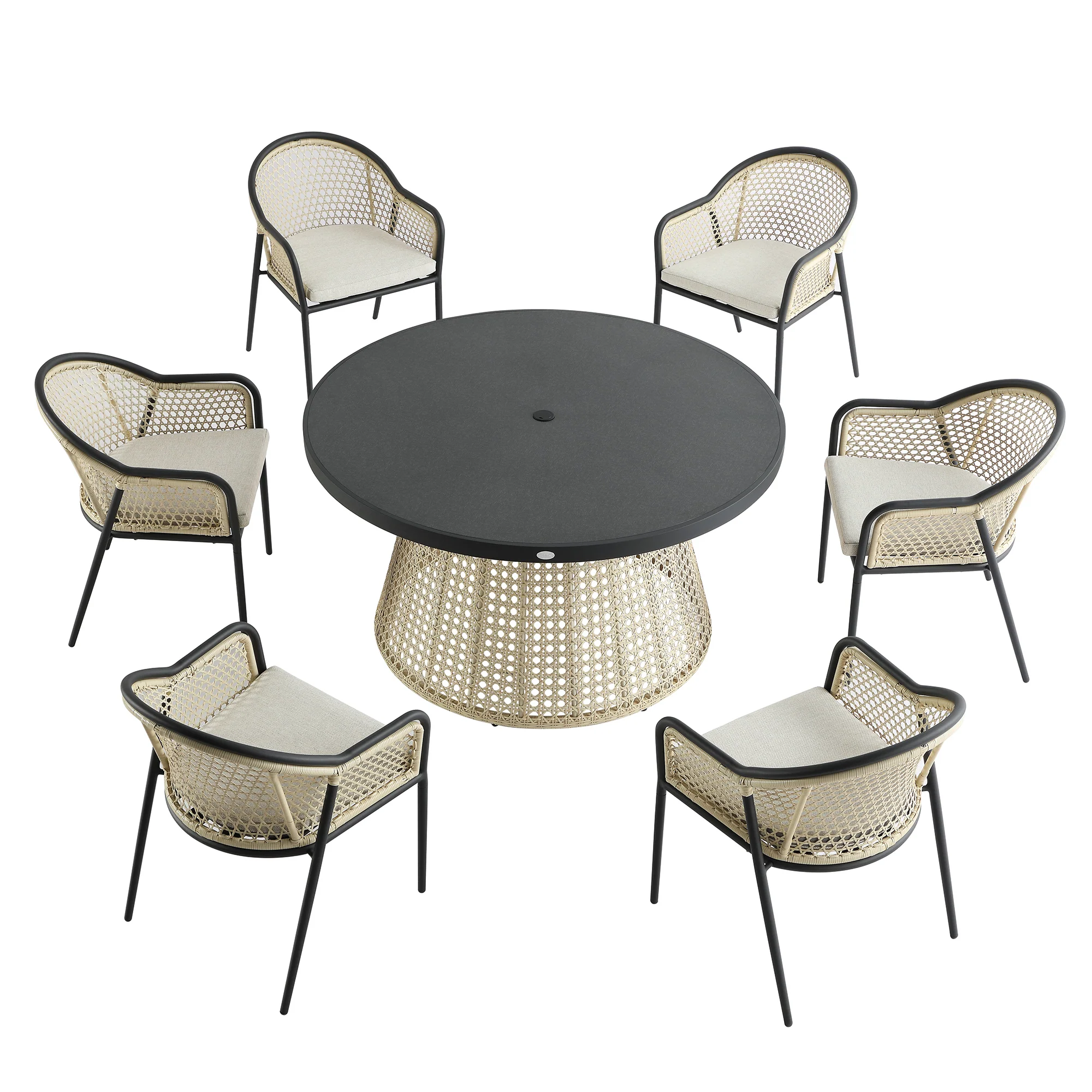 Pienza Outdoor Rattan 6-Seater Round Dining Set, Oatmeal Fabric with Black Frame - Image 9