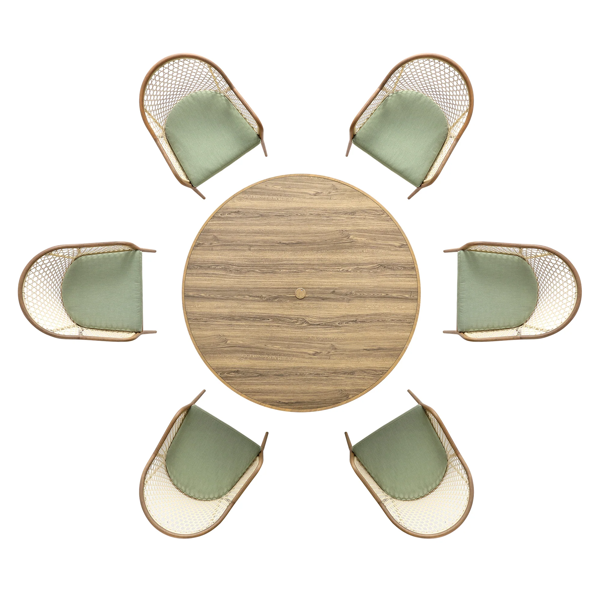 Pienza Outdoor Rattan 6-Seater Round Dining Set, Sage Green Fabric with Light Walnut Frame - Image 11