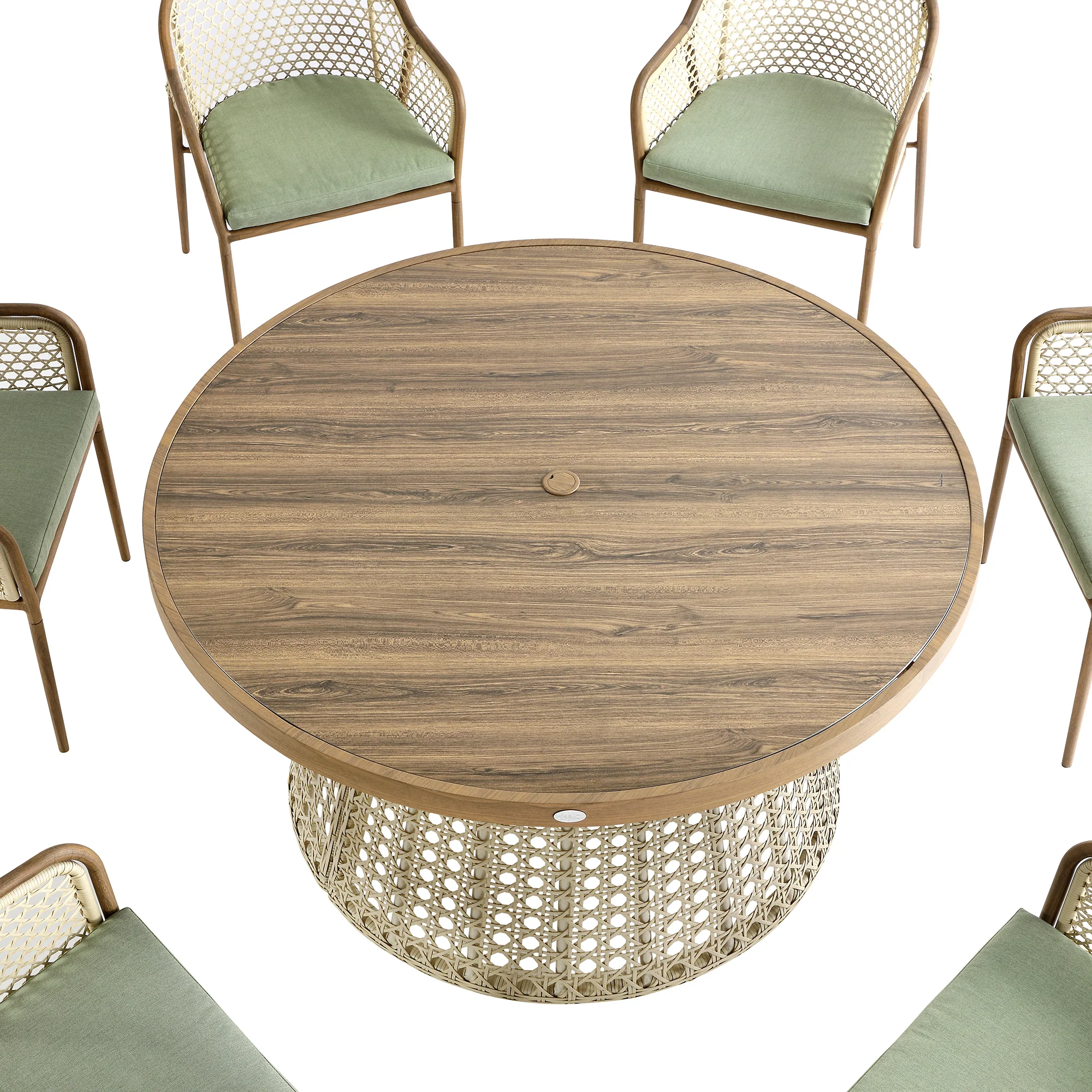 Pienza Outdoor Rattan 6-Seater Round Dining Set, Sage Green Fabric with Light Walnut Frame - Image 12