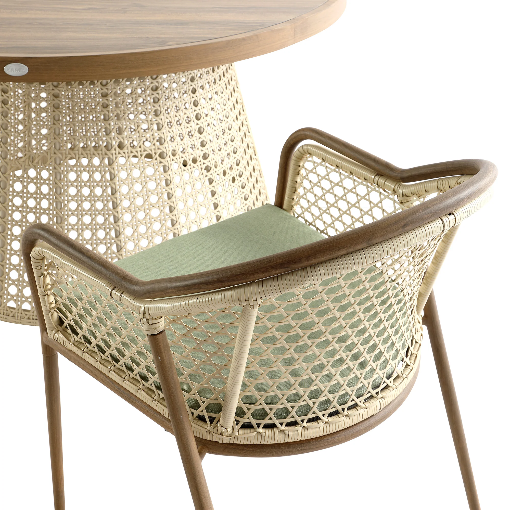 Pienza Outdoor Rattan 6-Seater Round Dining Set, Sage Green Fabric with Light Walnut Frame - Image 13