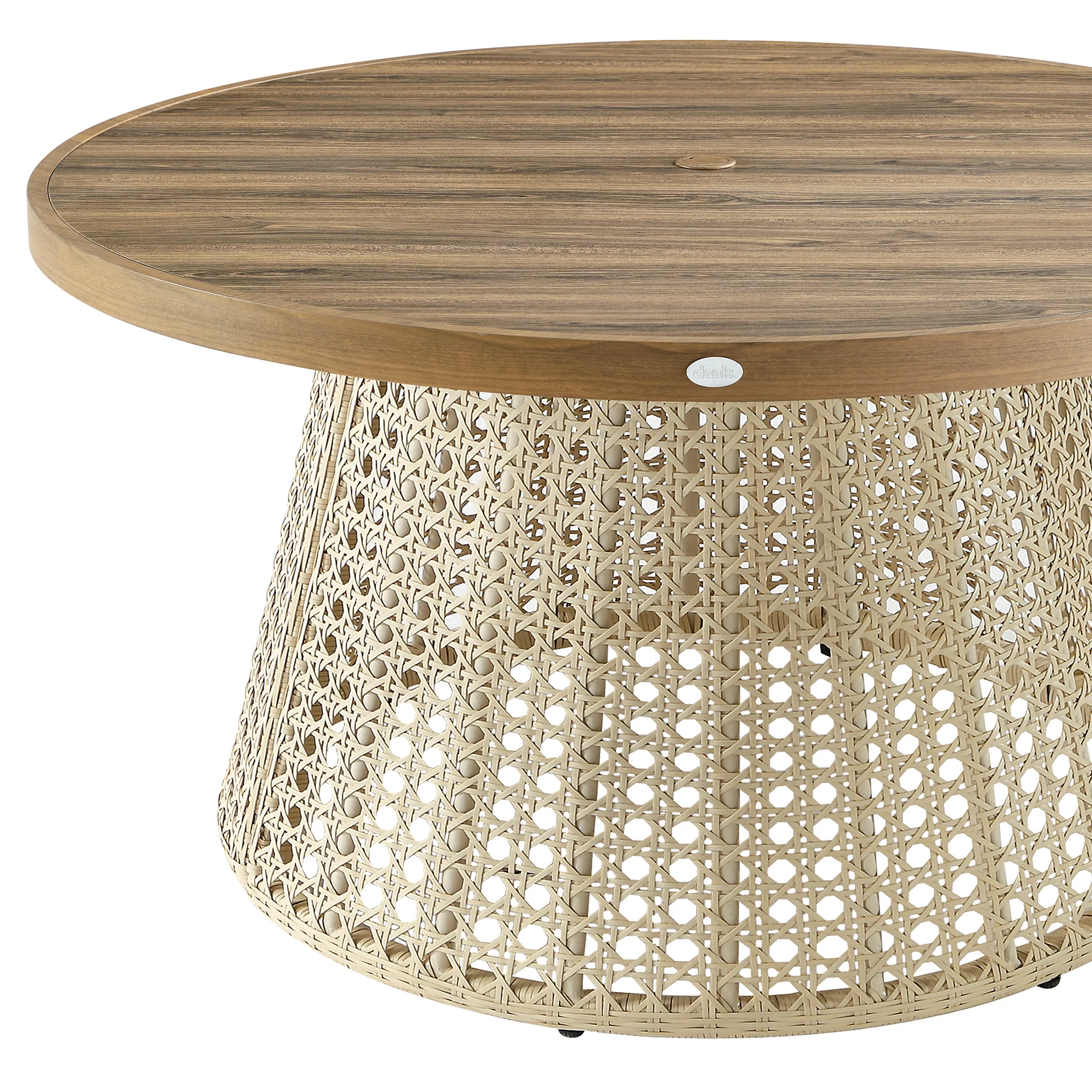 Pienza Outdoor Rattan 6-Seater Round Dining Set, Sage Green Fabric with Light Walnut Frame - Image 14