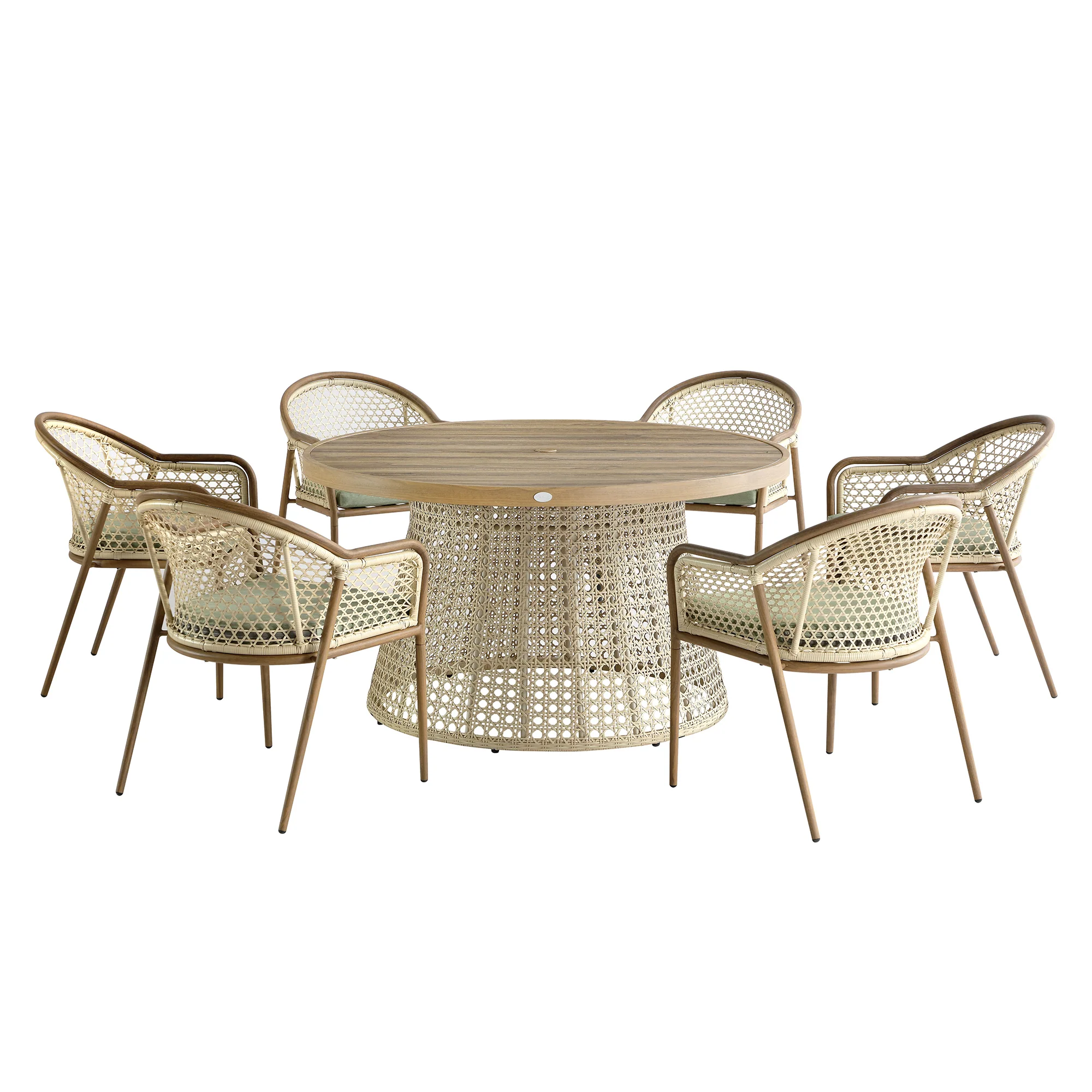 Pienza Outdoor Rattan 6-Seater Round Dining Set, Sage Green Fabric with Light Walnut Frame - Image 8