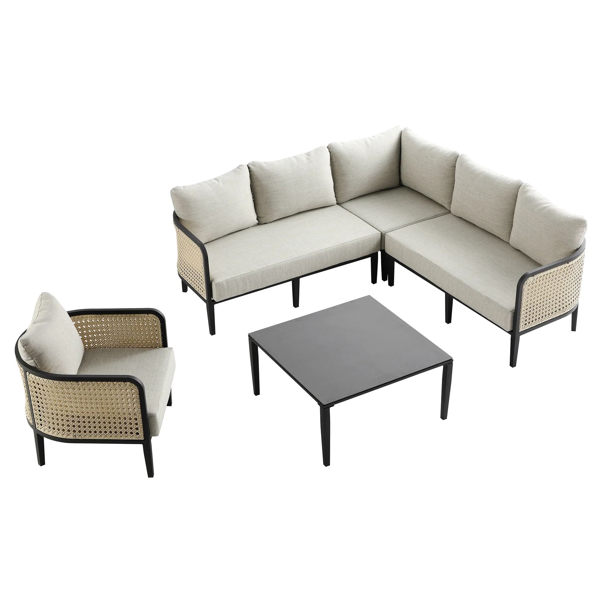 Pienza Outdoor Rattan Corner Sofa Set, Oatmeal Fabric with Black Frame - Image 13