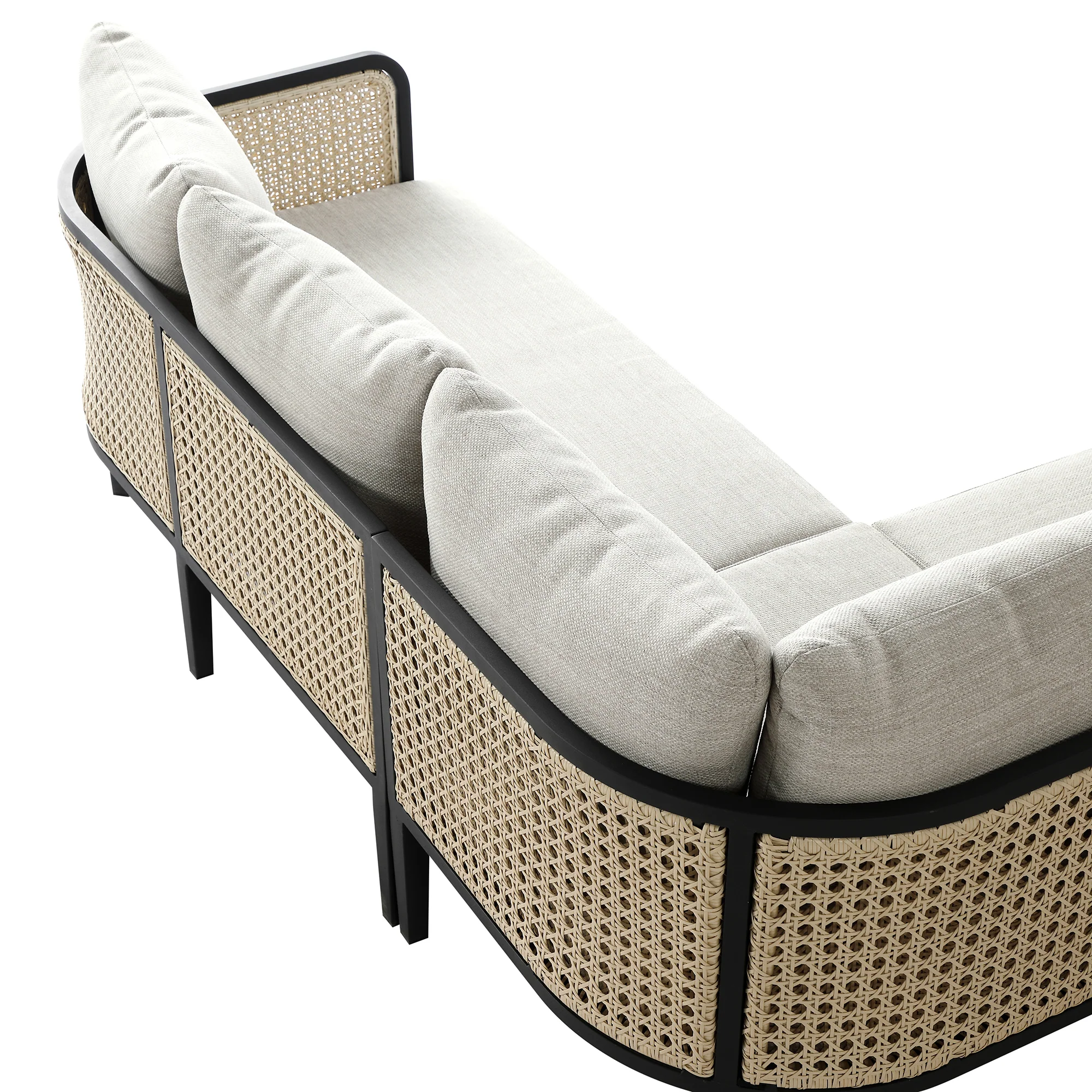 Pienza Outdoor Rattan Corner Sofa Set, Oatmeal Fabric with Black Frame - Image 19