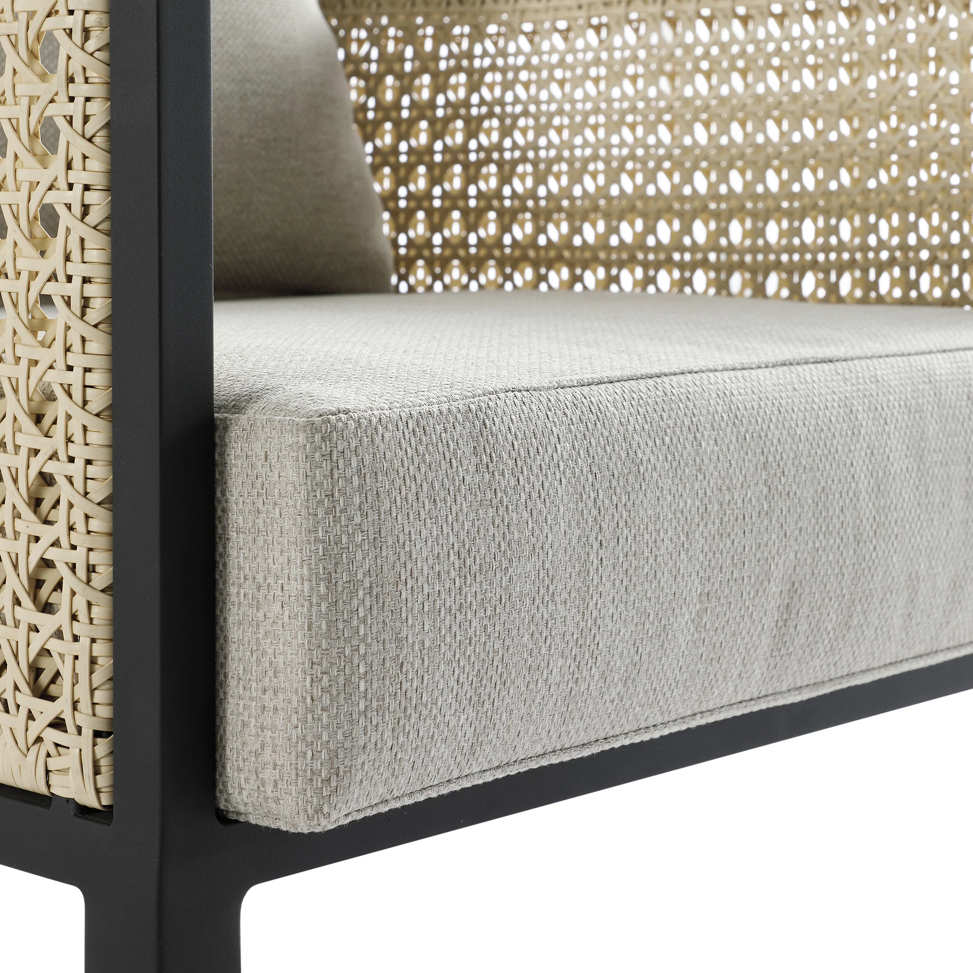 Pienza Outdoor Rattan Corner Sofa Set, Oatmeal Fabric with Black Frame - Image 22