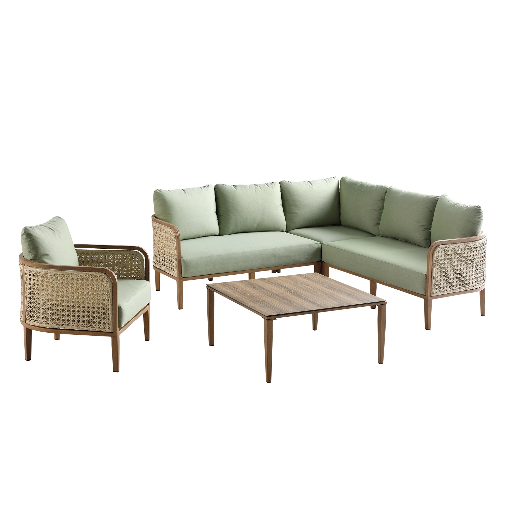 Pienza Outdoor Rattan Corner Sofa Set, Sage Green Fabric with Light Walnut Frame - Image 10