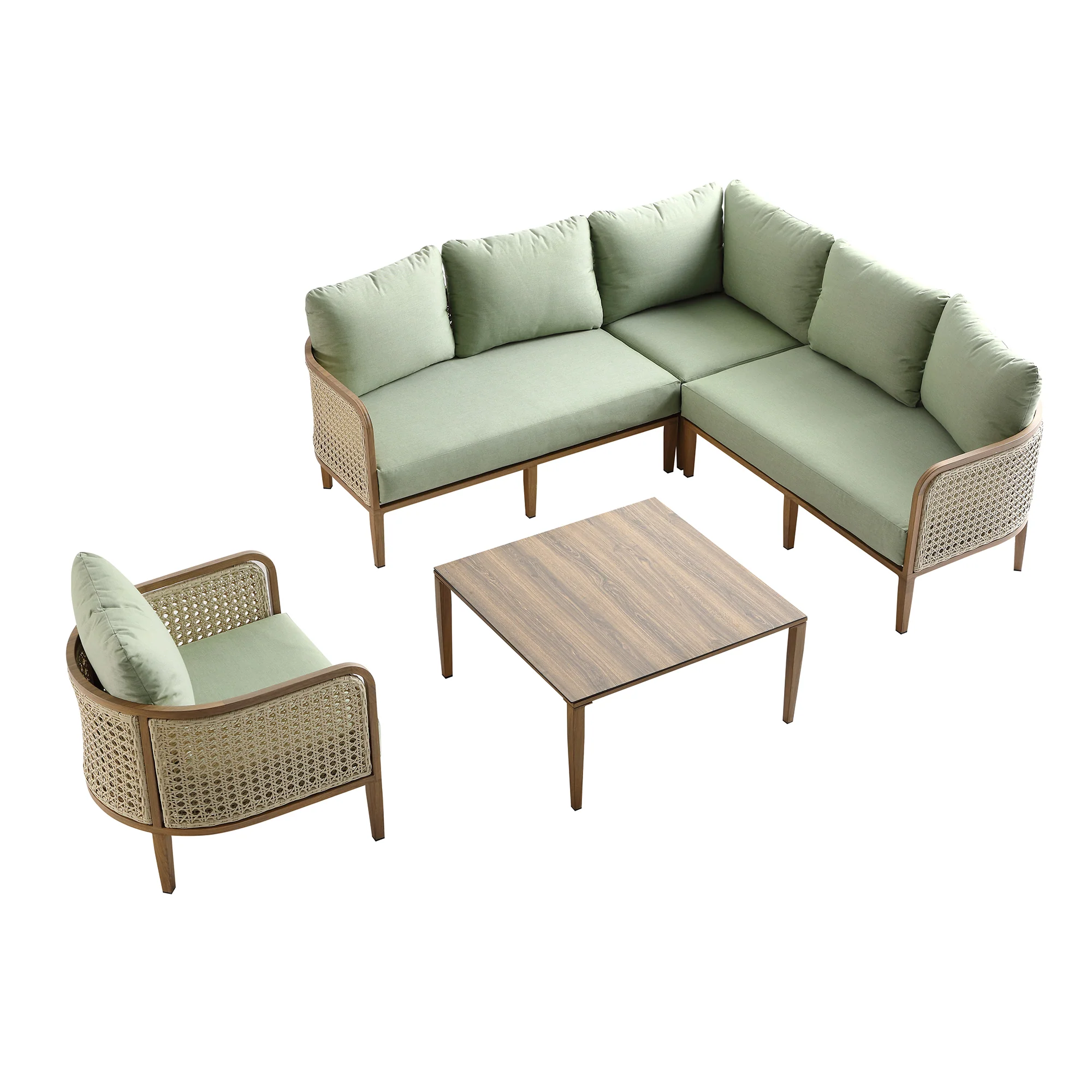 Pienza Outdoor Rattan Corner Sofa Set, Sage Green Fabric with Light Walnut Frame - Image 11