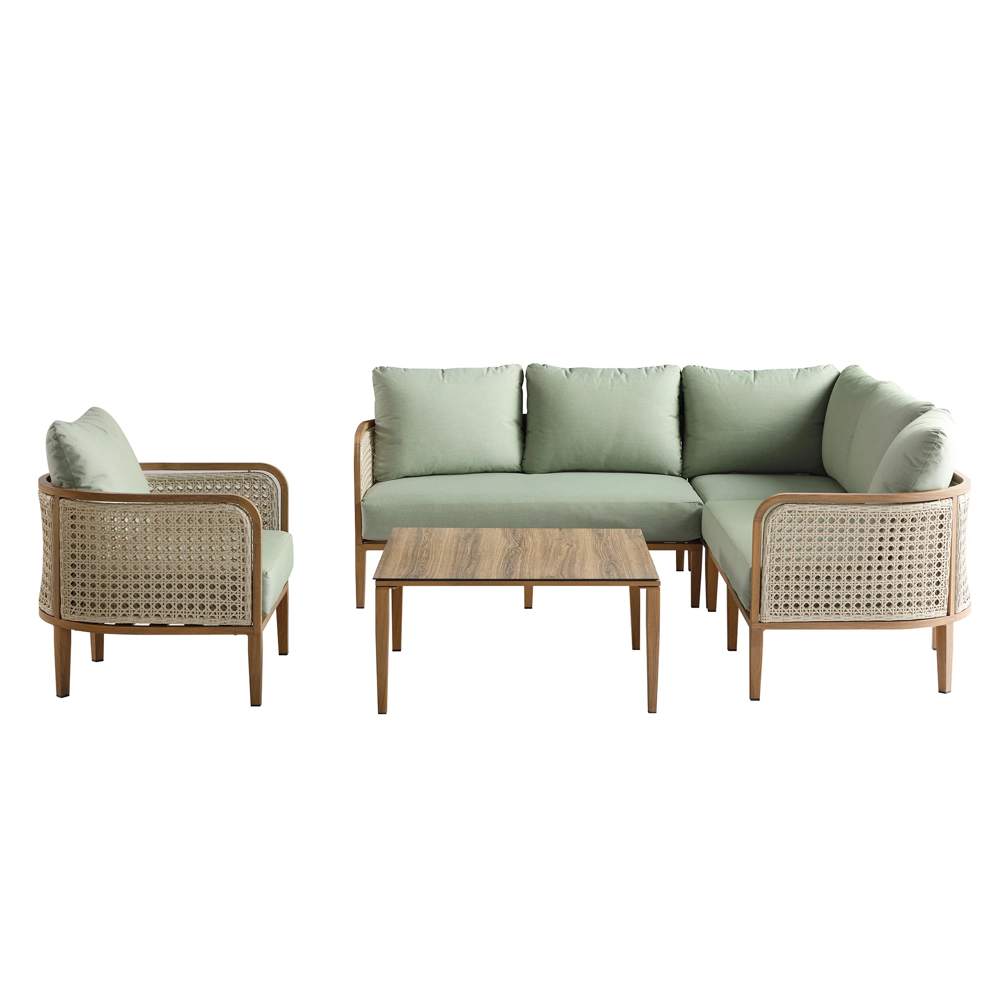 Pienza Outdoor Rattan Corner Sofa Set, Sage Green Fabric with Light Walnut Frame - Image 13
