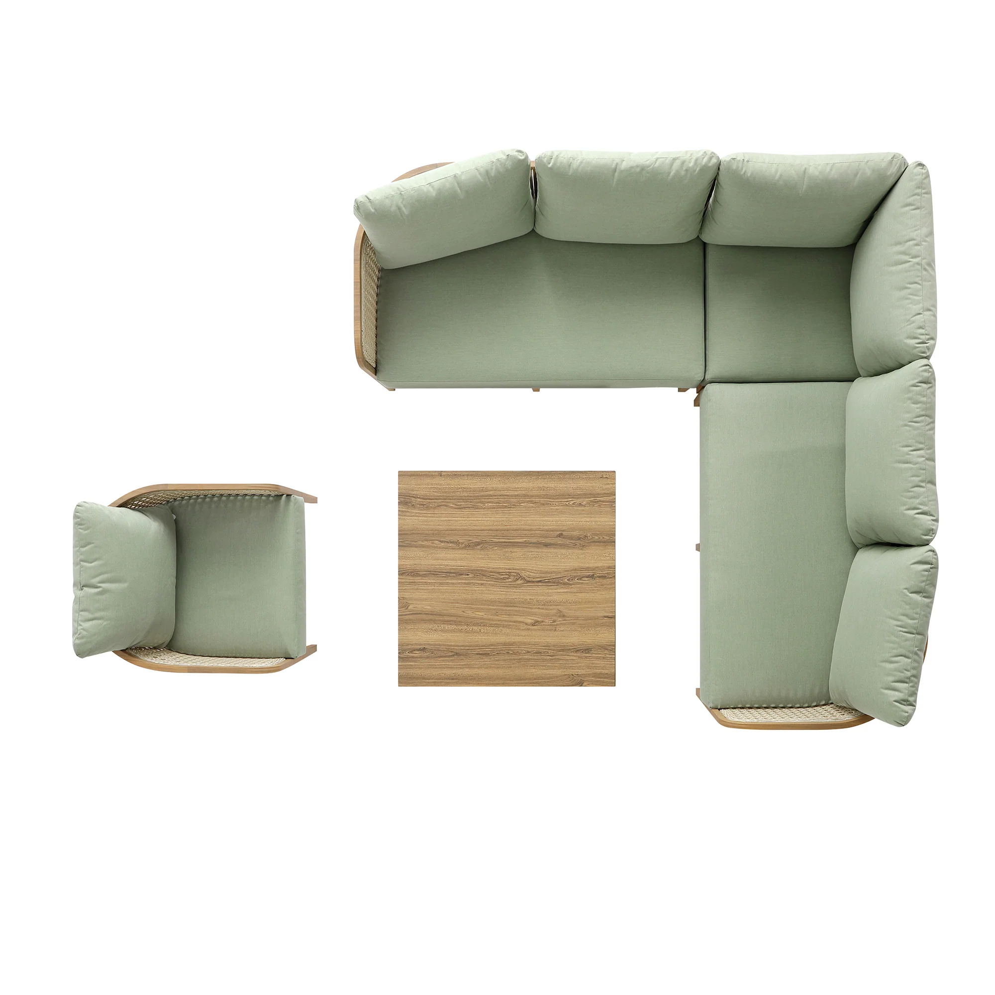 Pienza Outdoor Rattan Corner Sofa Set, Sage Green Fabric with Light Walnut Frame - Image 14
