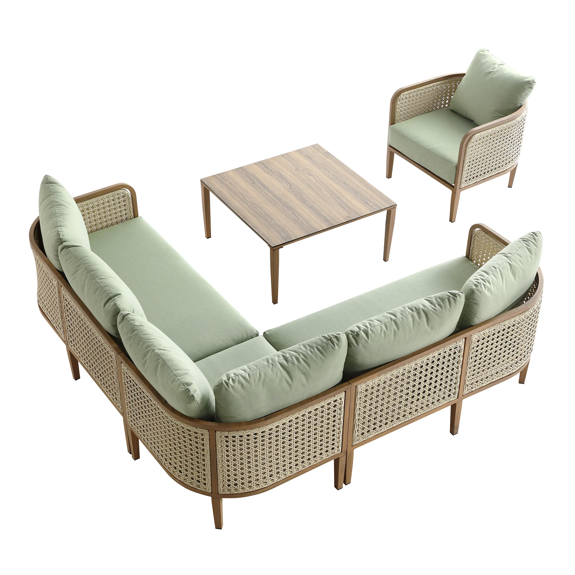 Pienza Outdoor Rattan Corner Sofa Set, Sage Green Fabric with Light Walnut Frame - Image 15