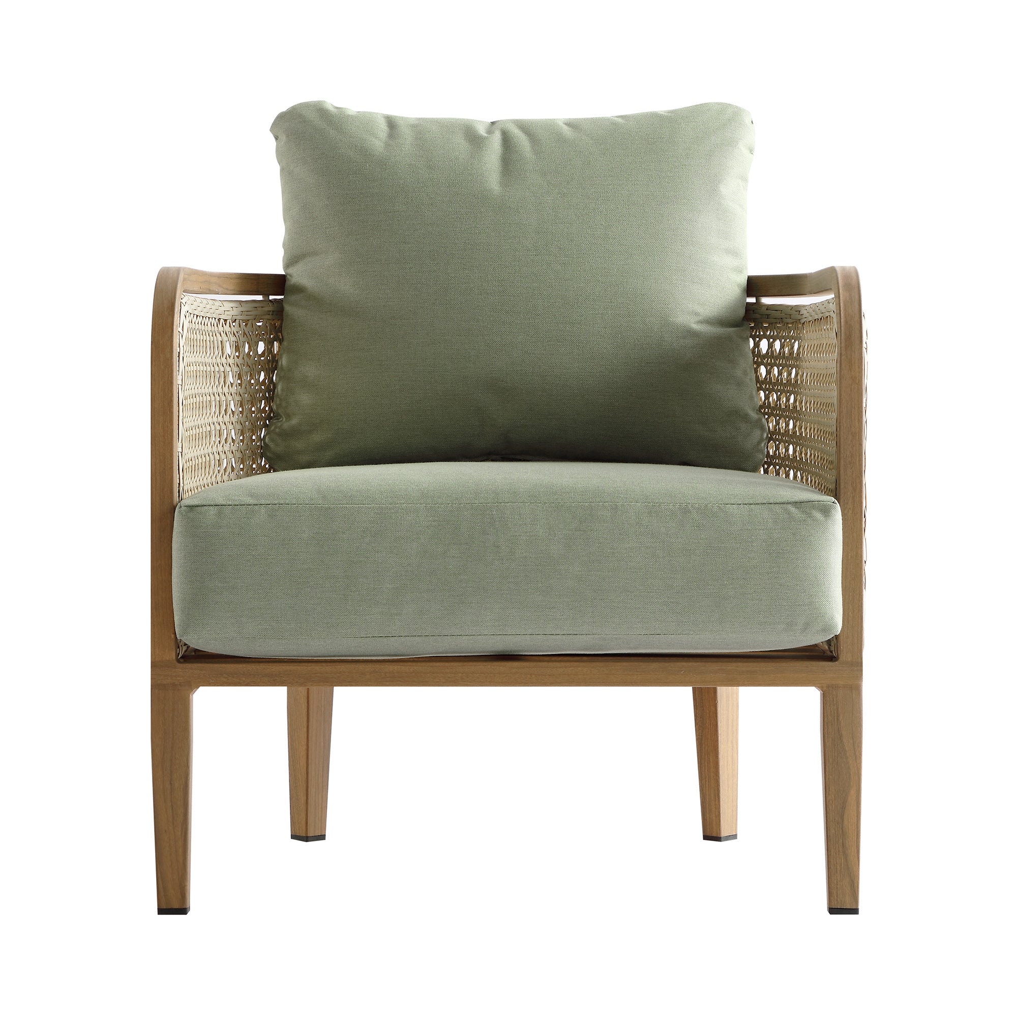 Pienza Outdoor Rattan Corner Sofa Set, Sage Green Fabric with Light Walnut Frame - Image 16