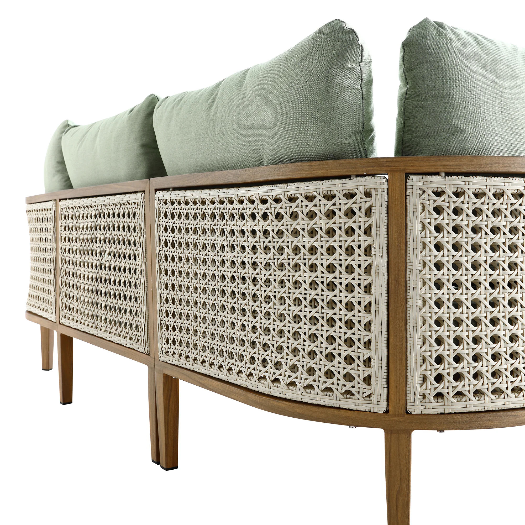 Pienza Outdoor Rattan Corner Sofa Set, Sage Green Fabric with Light Walnut Frame - Image 20