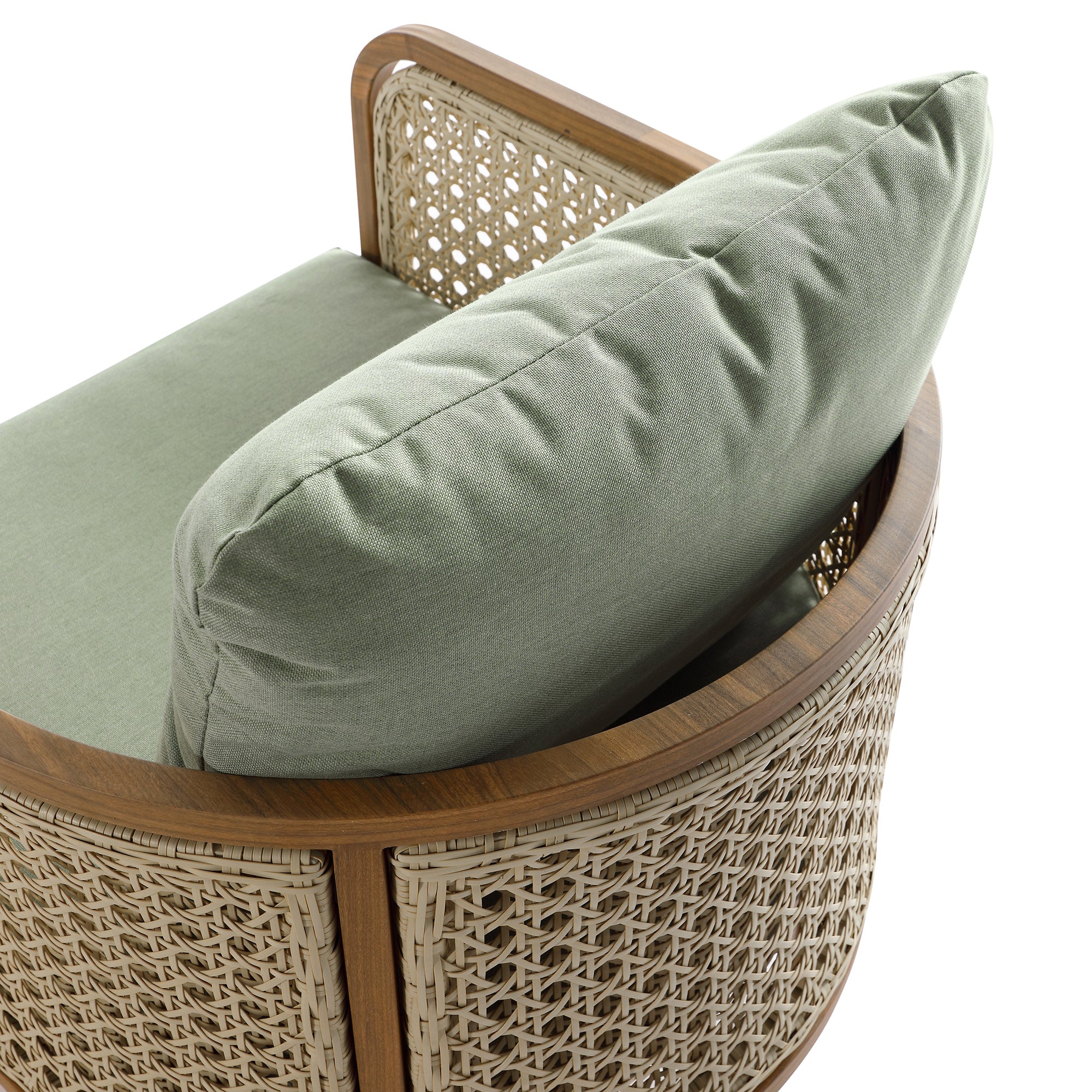 Pienza Outdoor Rattan Corner Sofa Set, Sage Green Fabric with Light Walnut Frame - Image 22