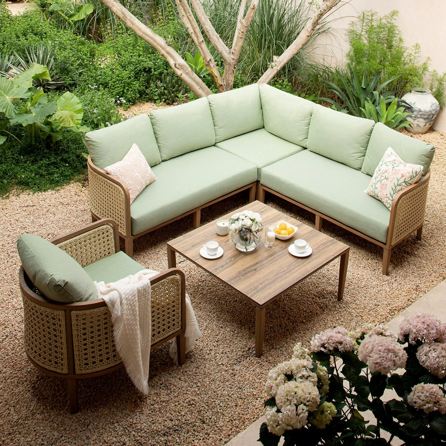 Pienza Outdoor Rattan Corner Sofa Set, Sage Green Fabric with Light Walnut Frame - Image 3