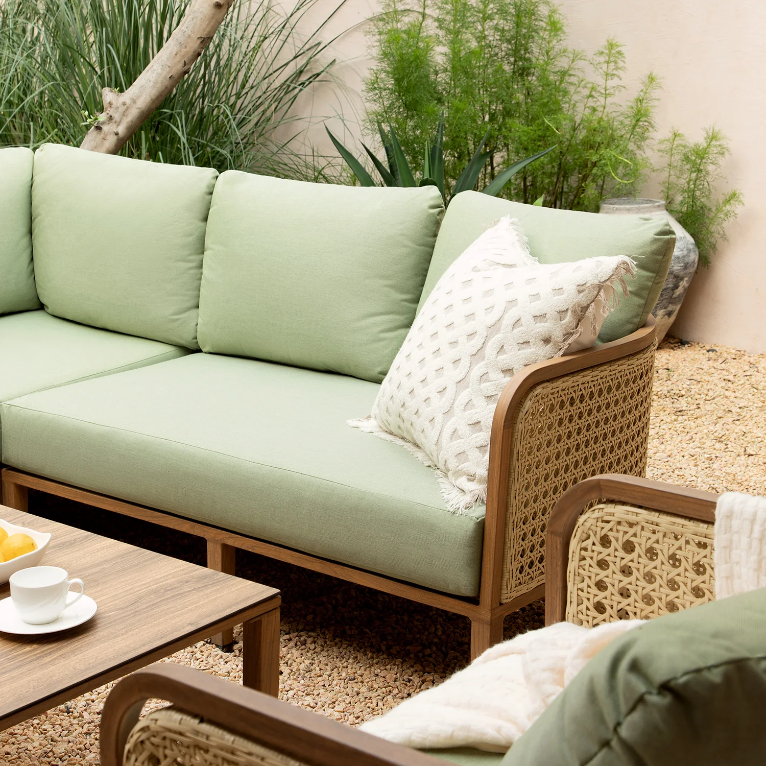 Pienza Outdoor Rattan Corner Sofa Set, Sage Green Fabric with Light Walnut Frame - Image 4