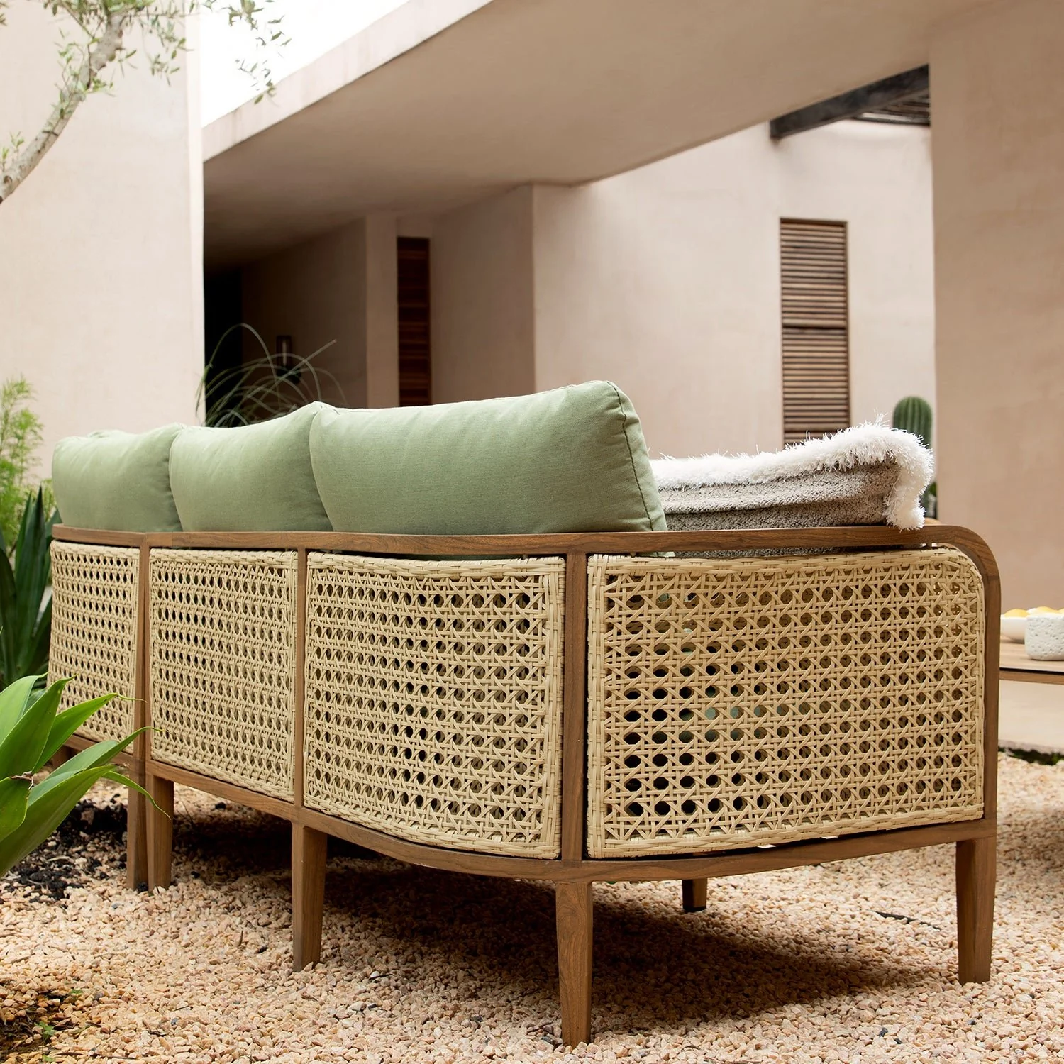 Pienza Outdoor Rattan Corner Sofa Set, Sage Green Fabric with Light Walnut Frame - Image 5