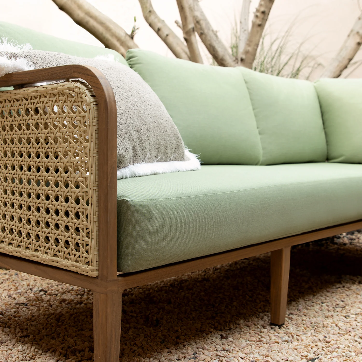 Pienza Outdoor Rattan Corner Sofa Set, Sage Green Fabric with Light Walnut Frame - Image 6