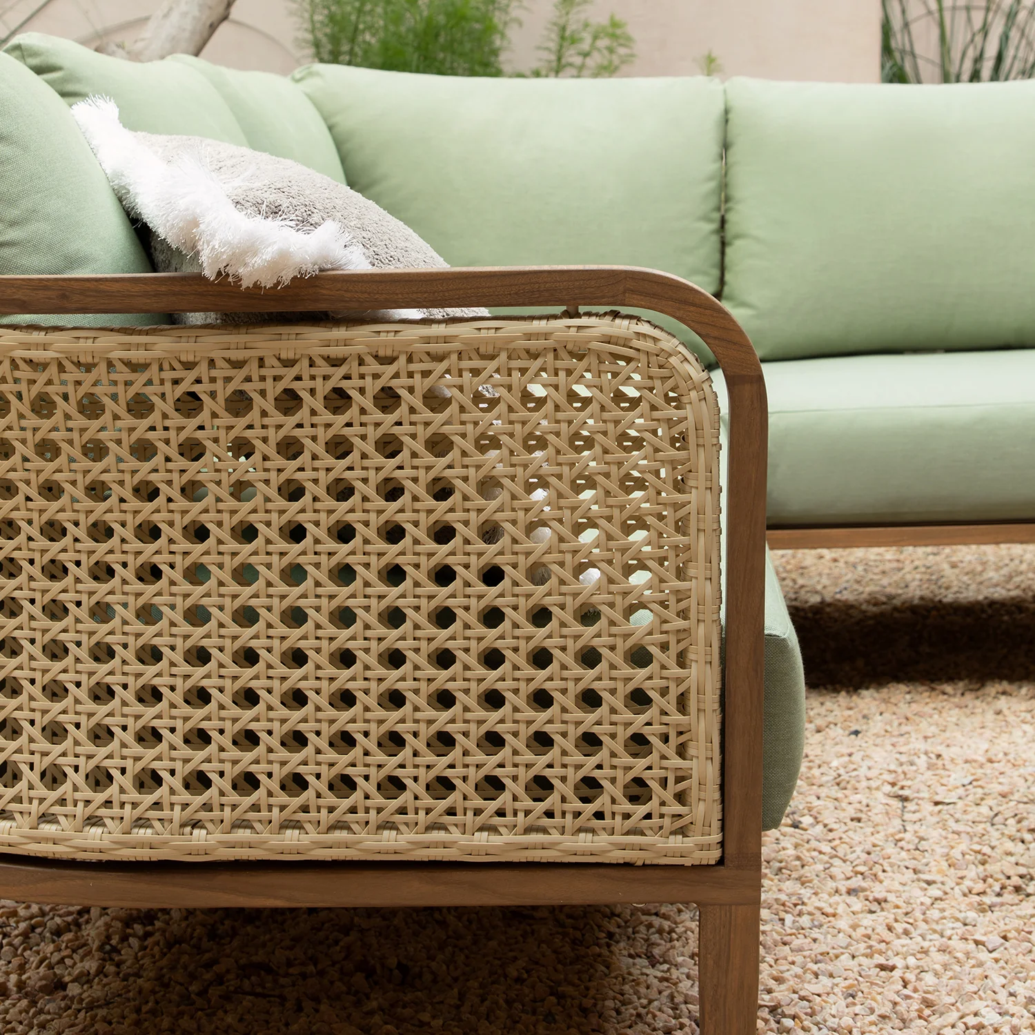 Pienza Outdoor Rattan Corner Sofa Set, Sage Green Fabric with Light Walnut Frame - Image 7