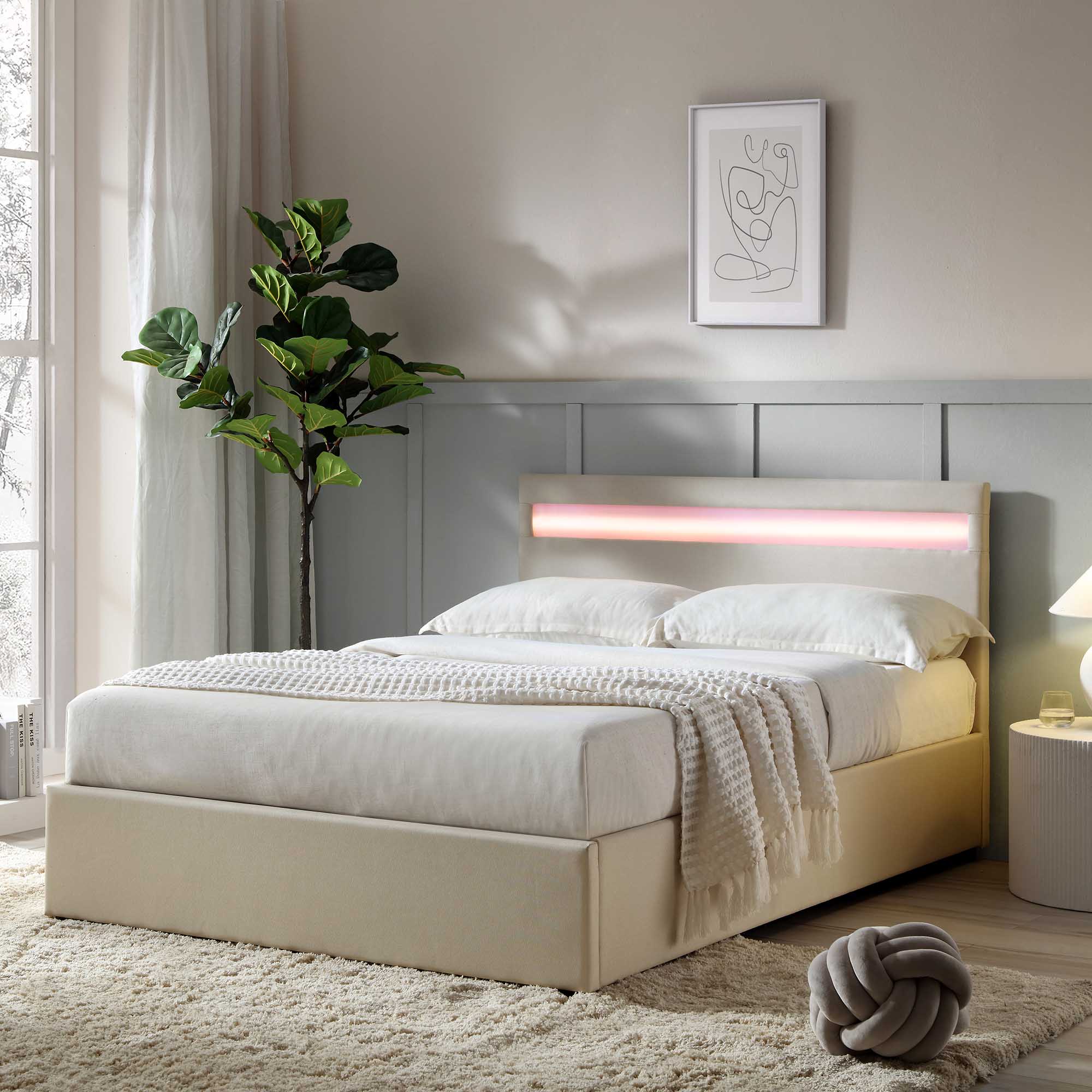 Pimlico End Opening Ottoman Storage Bed Frame with Multi-colour LED Headboard (Beige Fabric) - Image 2