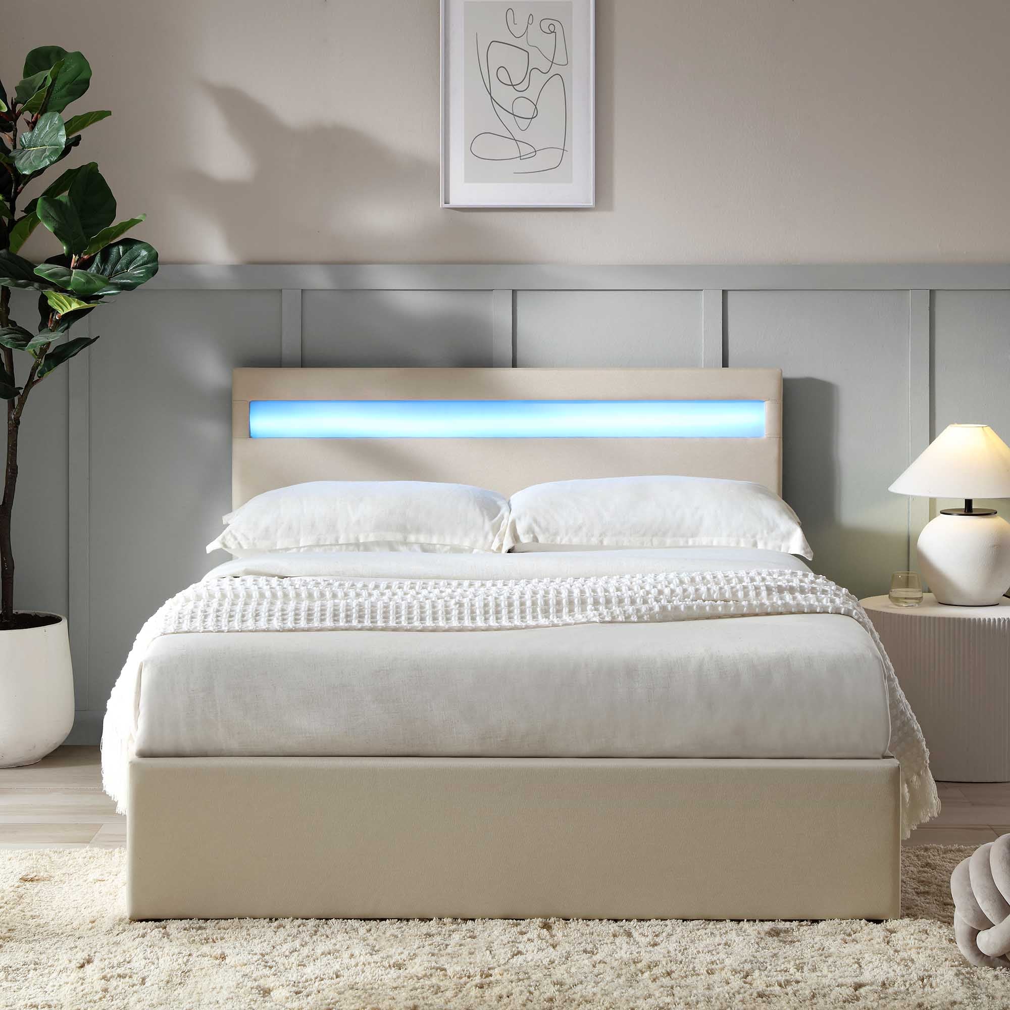Pimlico End Opening Ottoman Storage Bed Frame with Multi-colour LED Headboard (Beige Fabric) - Image 3