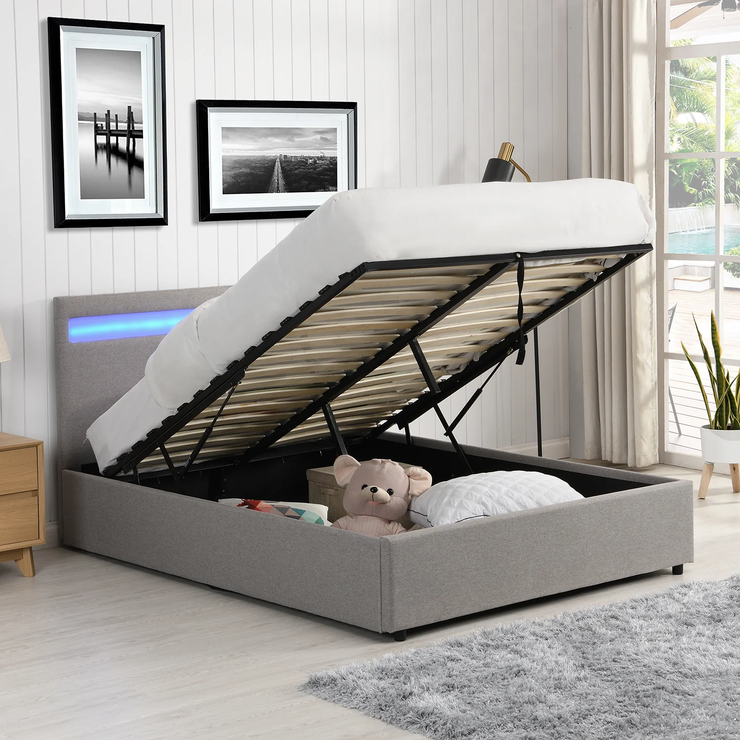 Pimlico End Opening Ottoman Storage Bed Frame with Multi-colour LED Headboard (Grey Fabric) - Image 2