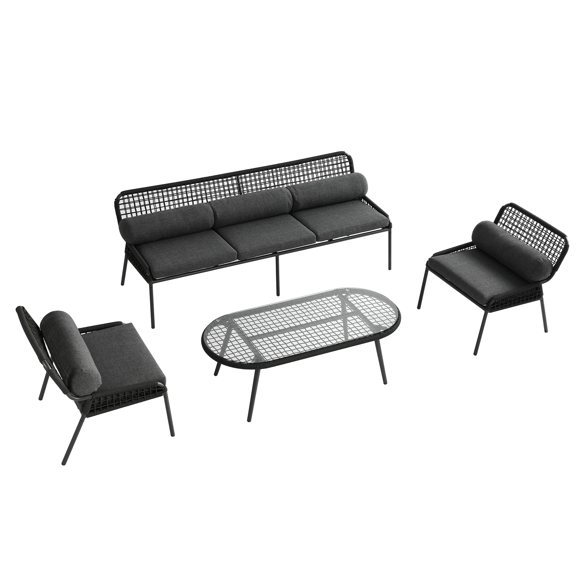 Pomona Rope Weave 5-Seater Sofa Set, Dark Grey Fabric with Black Frame - Image 11