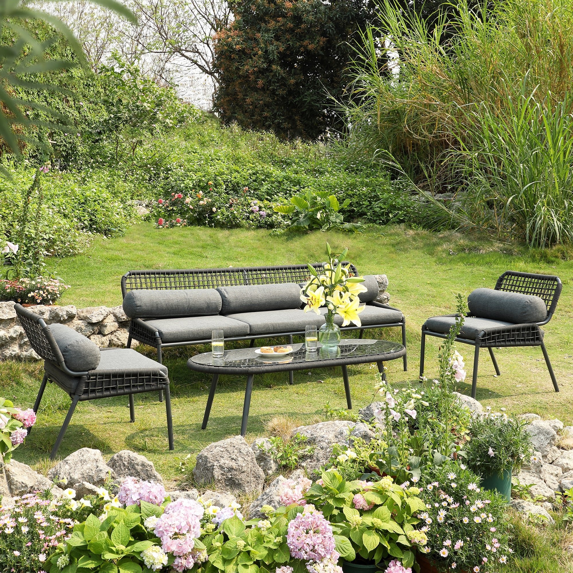 Pomona Rope Weave 5-Seater Sofa Set, Dark Grey Fabric with Black Frame - Image 2