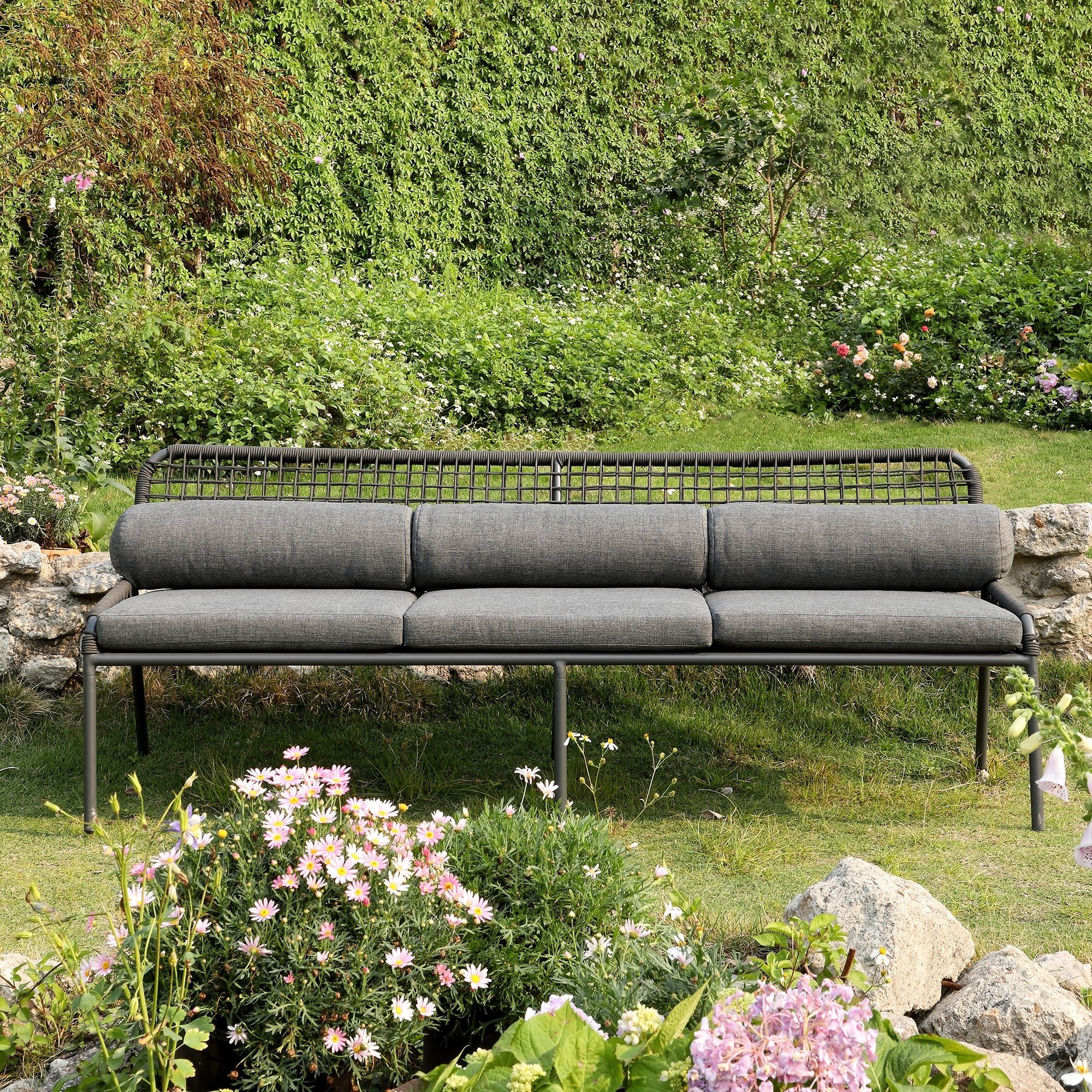 Pomona Rope Weave 5-Seater Sofa Set, Dark Grey Fabric with Black Frame - Image 4