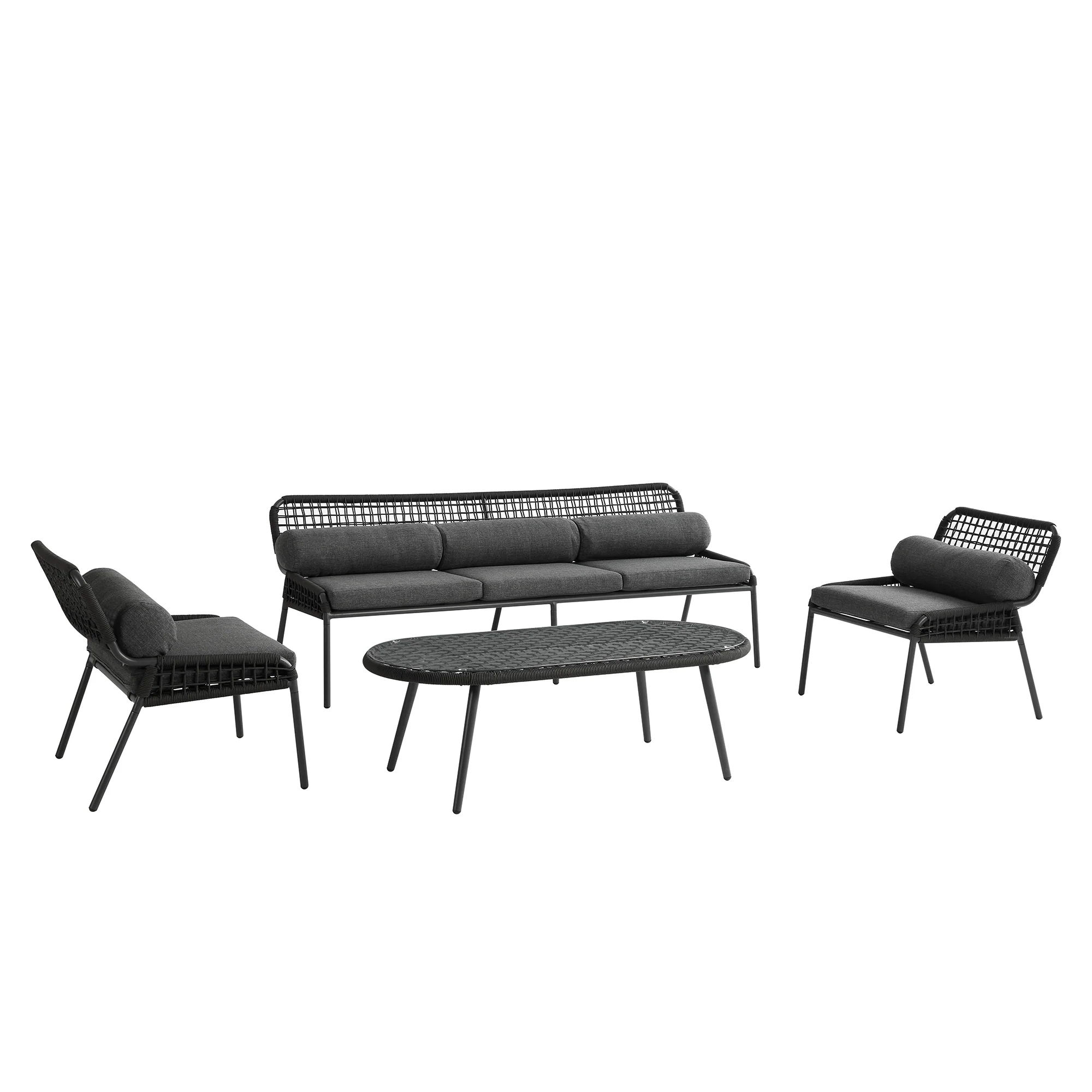 Pomona Rope Weave 5-Seater Sofa Set, Dark Grey Fabric with Black Frame - Image 9