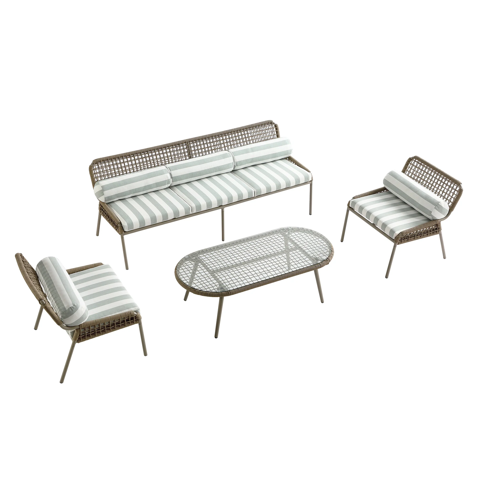 Pomona Rope Weave 5-Seater Sofa Set, Sage Striped Fabric with Taupe Frame - Image 10