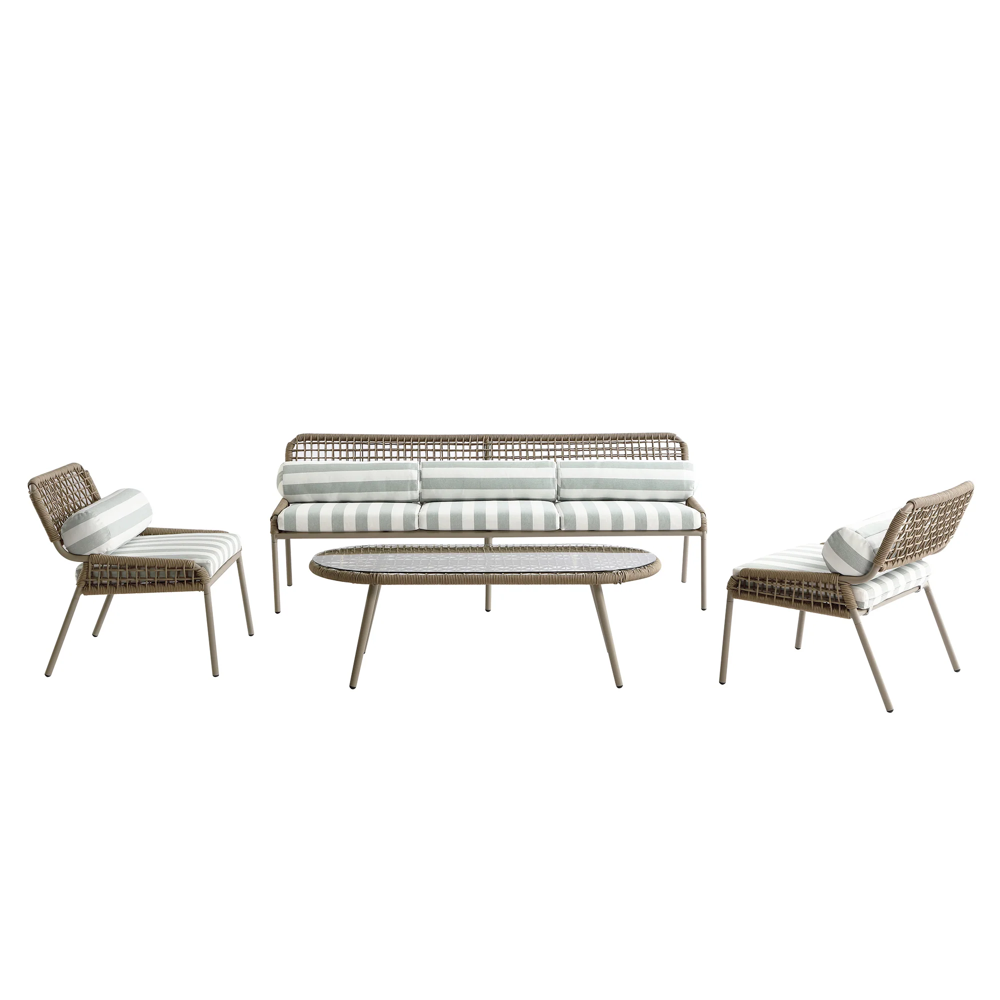 Pomona Rope Weave 5-Seater Sofa Set, Sage Striped Fabric with Taupe Frame - Image 9