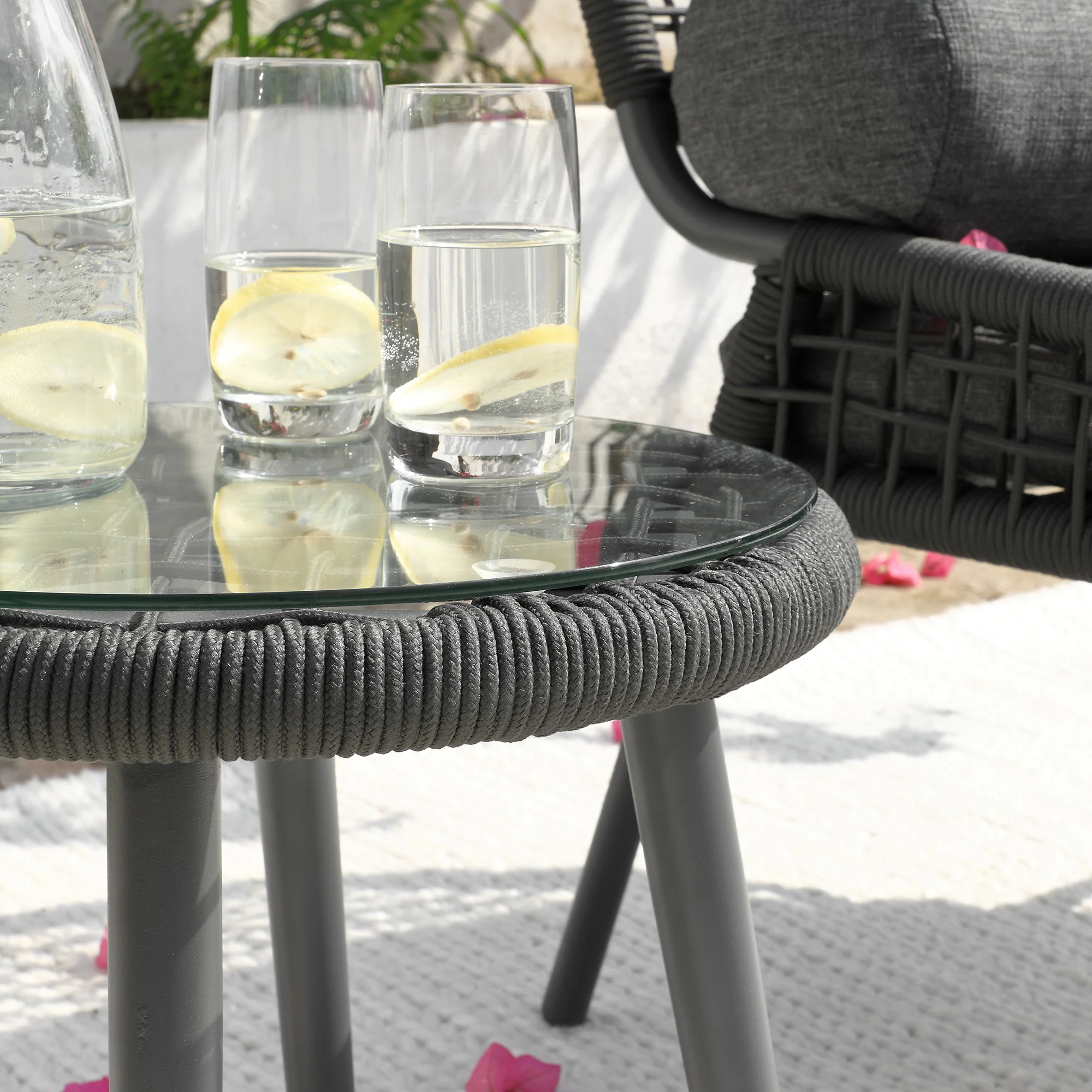 Pomona Rope Weave Bistro Set, Dark Grey Fabric with Black Frame - Image 8