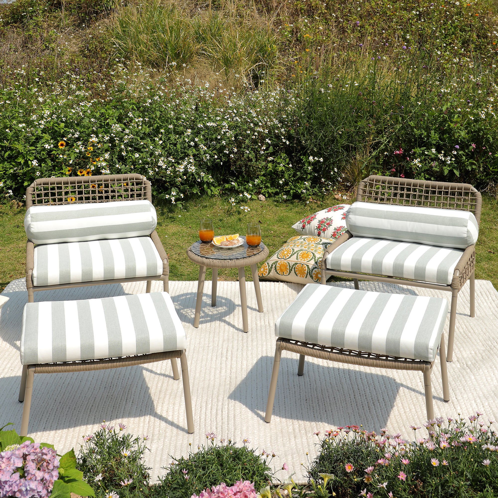 Pomona Rope Weave Bistro Set, Sage Striped Fabric with Taupe Frame - Image 2