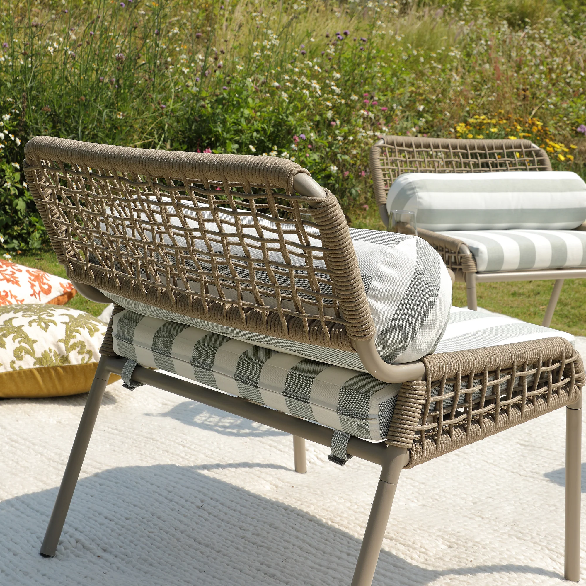 Pomona Rope Weave Bistro Set, Sage Striped Fabric with Taupe Frame - Image 6