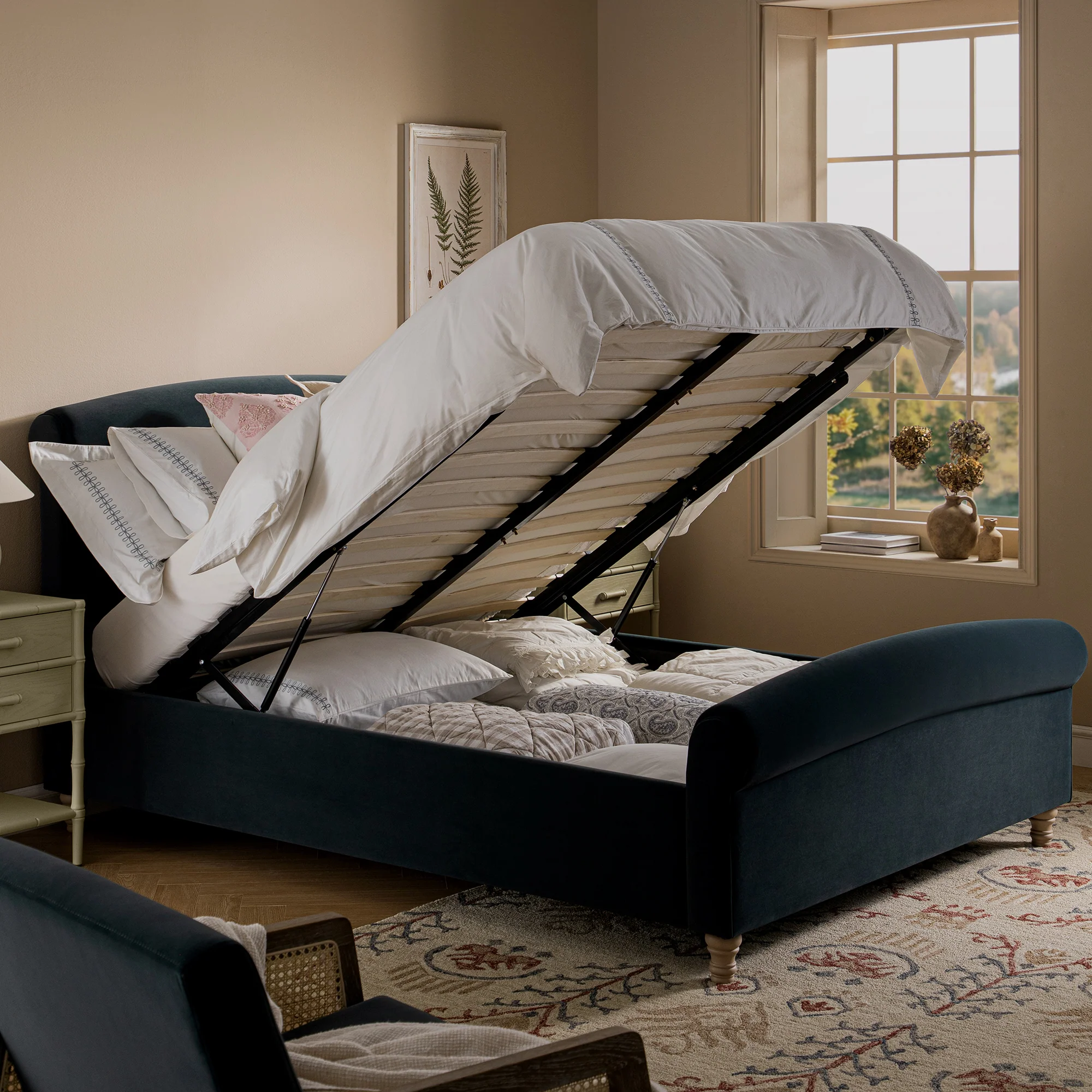 Porchester Ottoman Storage Sleigh Bed, Aegean Blue Velvet - Image 3