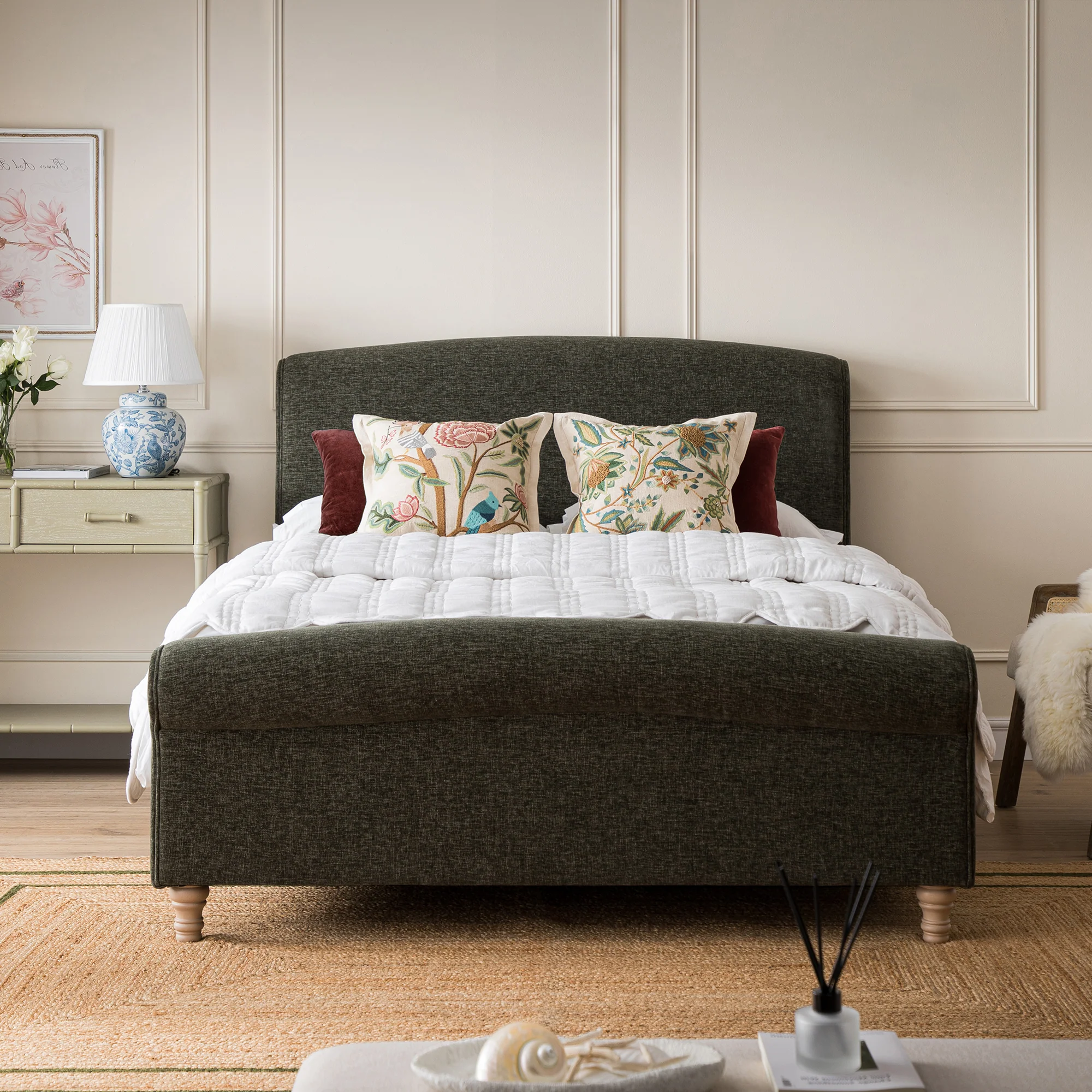 Porchester Ottoman Storage Sleigh Bed, Forest Green Chenille - Image 2