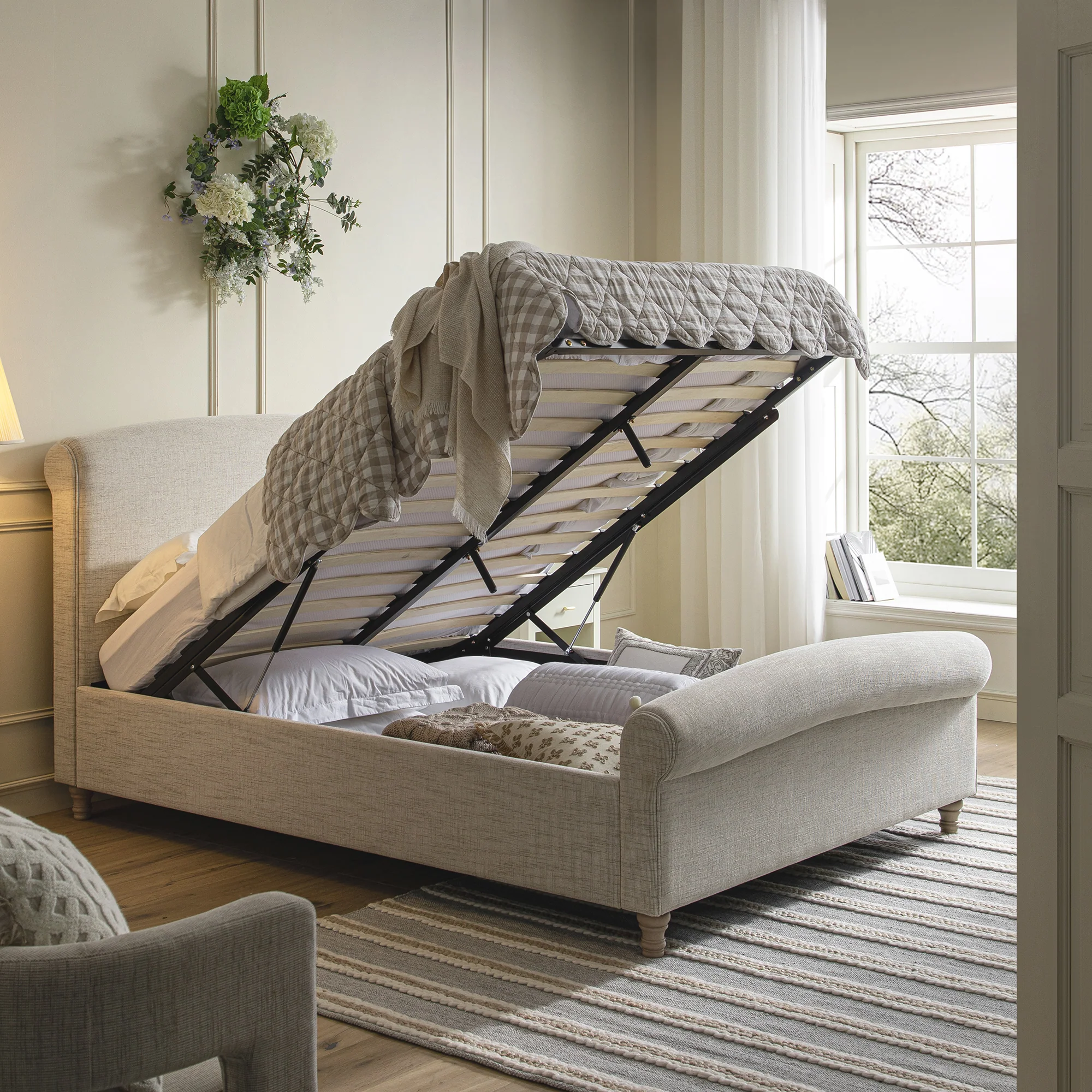 Porchester Ottoman Storage Sleigh Bed, Oatmeal Woven Textured Fabric - Image 4