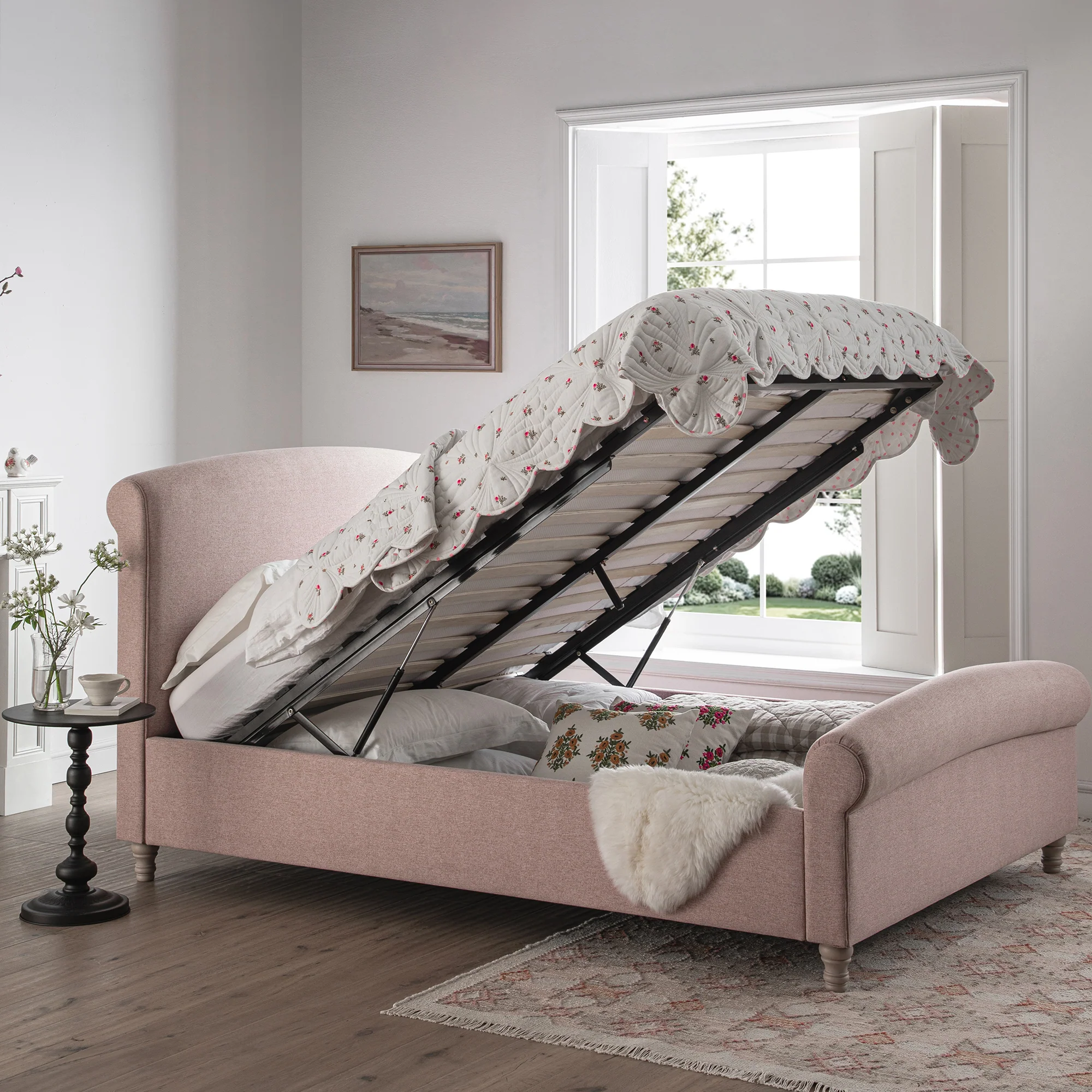 Porchester Ottoman Storage Sleigh Bed, Rosewater Pink Fabric - Image 2