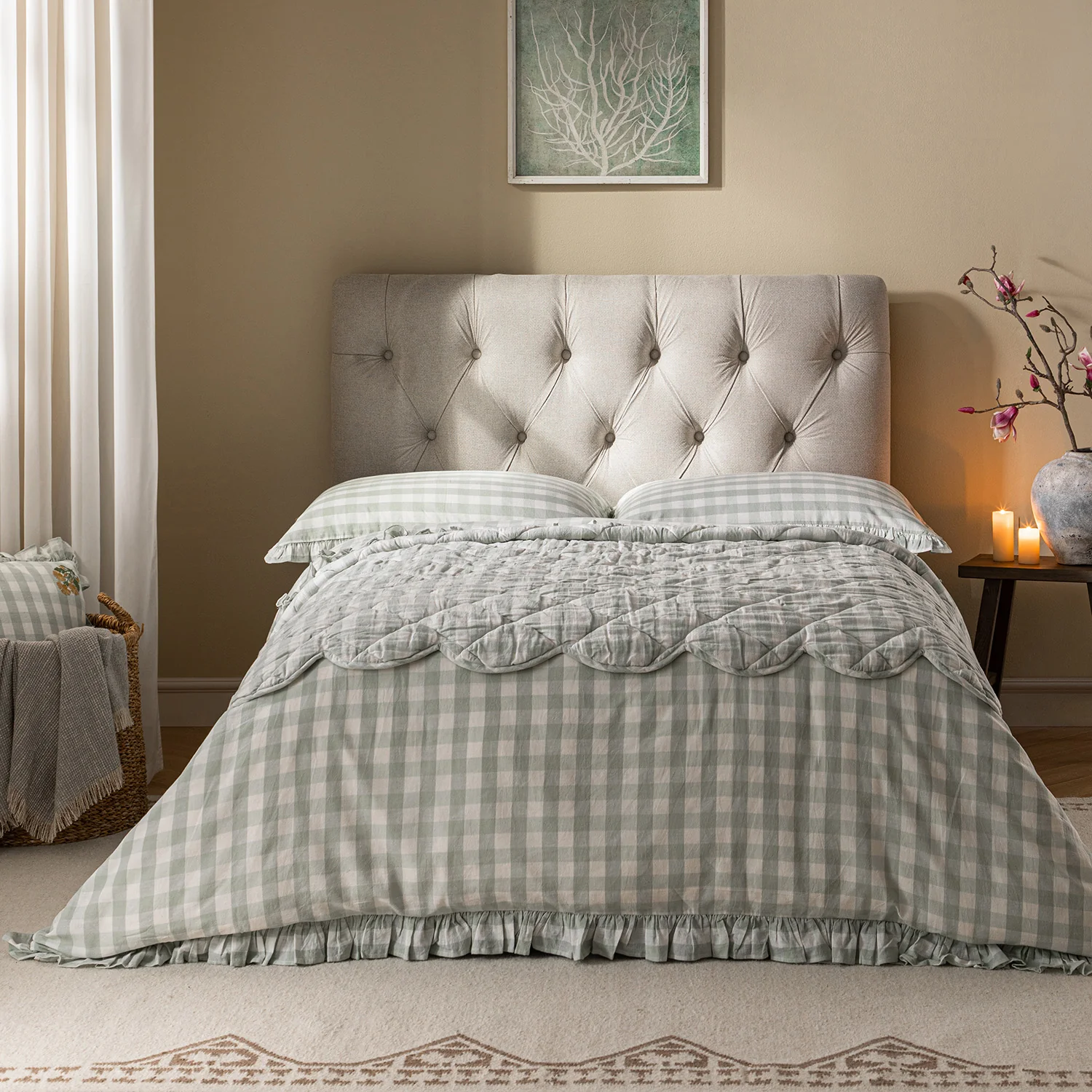 Portland Small Double Buttoned Fold-Out Bed in Ottoman, Beige Woven Fabric - Image 4