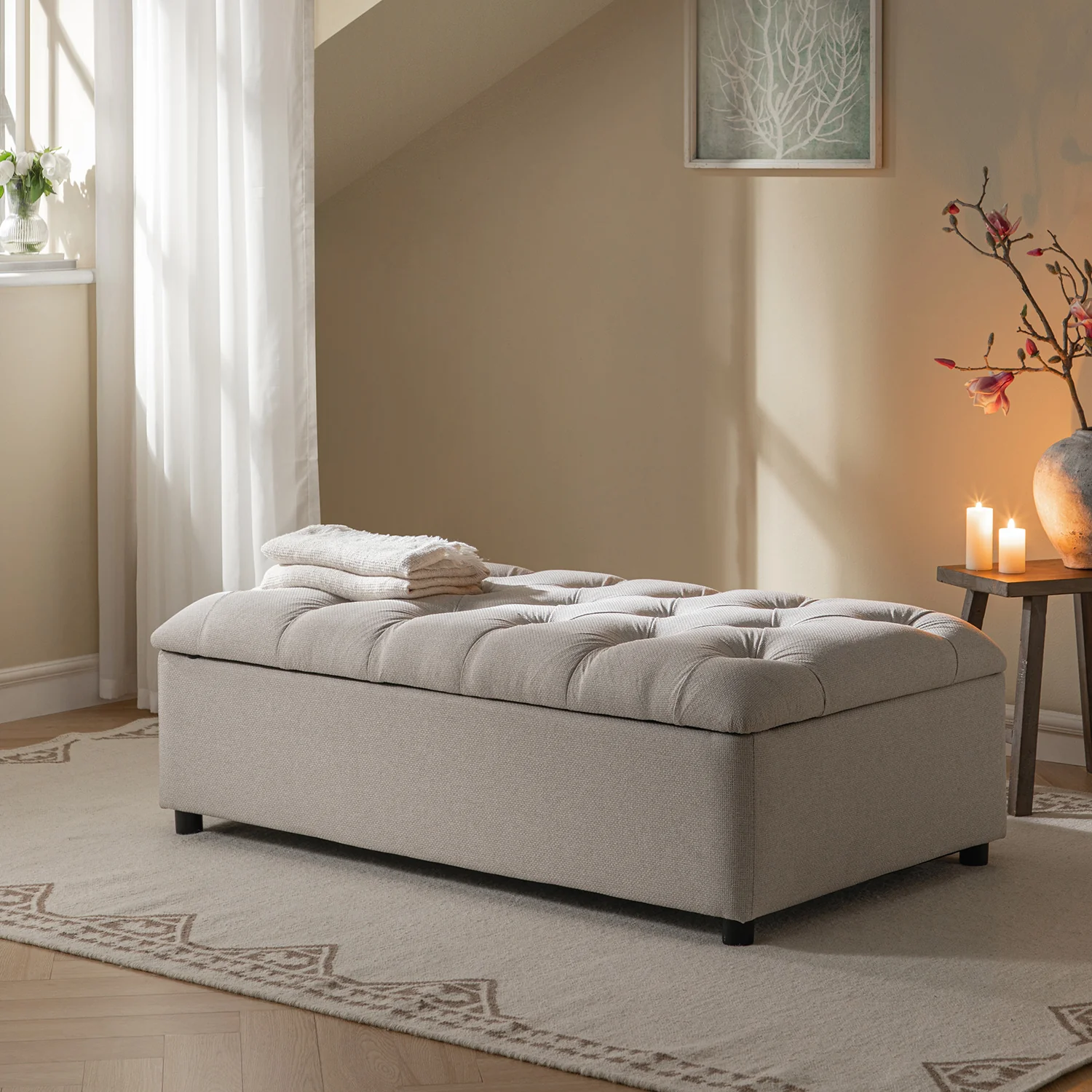 Portland Small Double Buttoned Fold-Out Bed in Ottoman, Beige Woven Fabric - Image 5