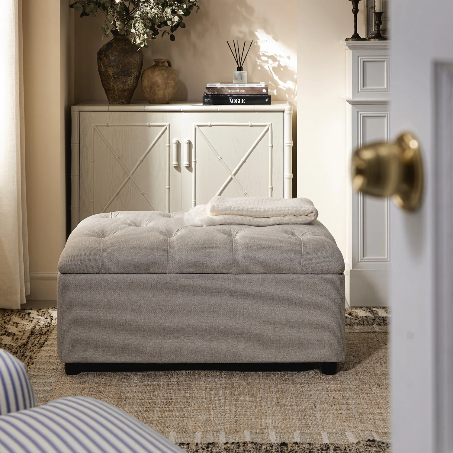 Portland Single Buttoned Fold-Out Bed in Ottoman, Beige Woven Fabric - Image 5