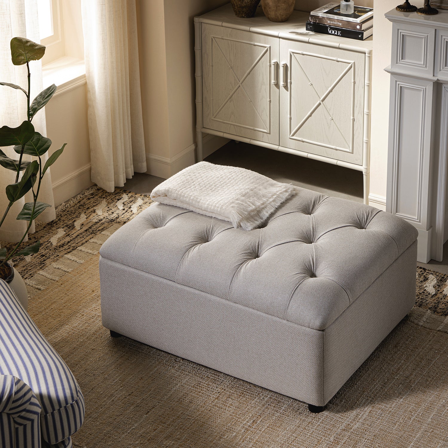 Portland Single Buttoned Fold-Out Bed in Ottoman, Beige Woven Fabric - Image 6
