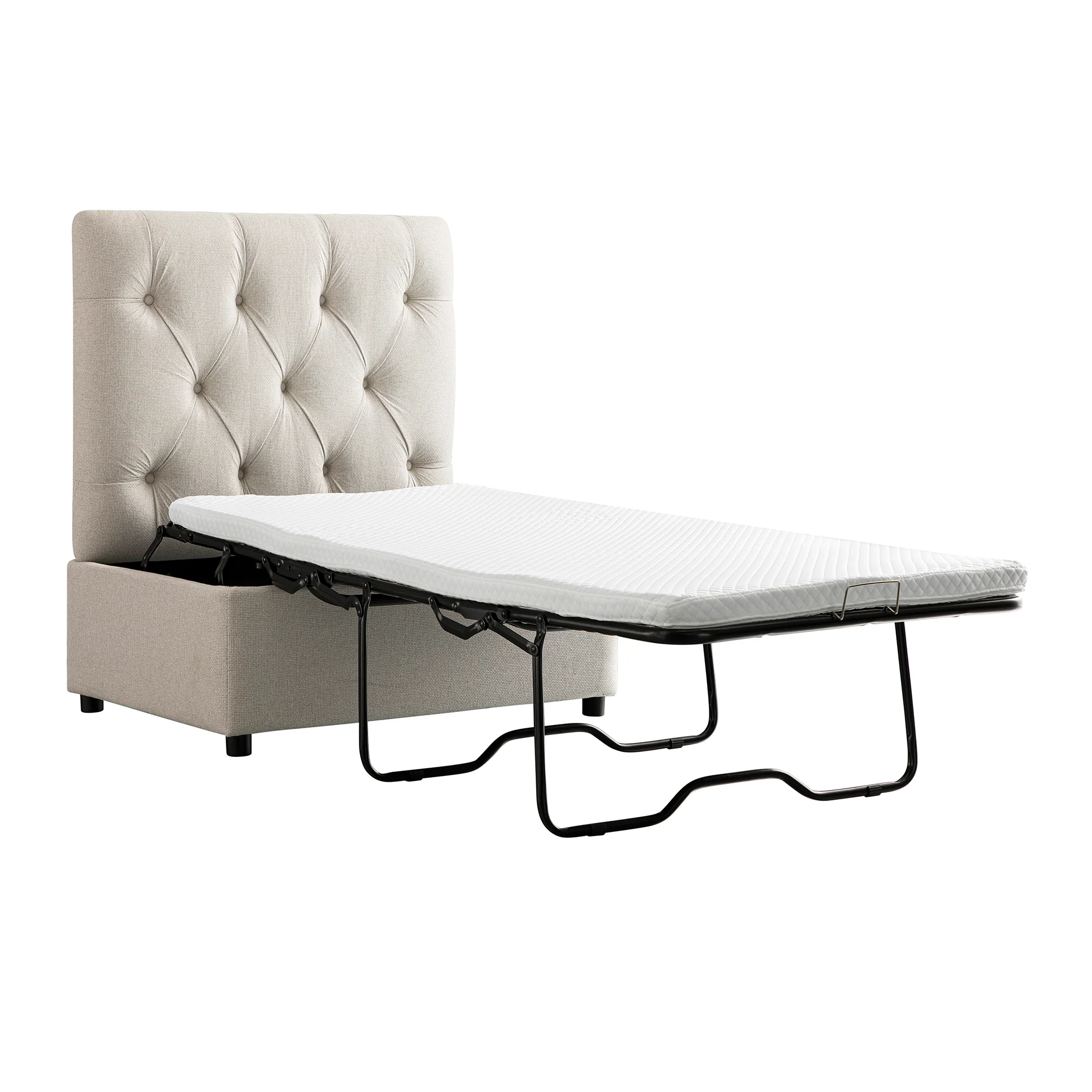 Portland Single Buttoned Fold-Out Bed in Ottoman, Beige Woven Fabric - Image 9