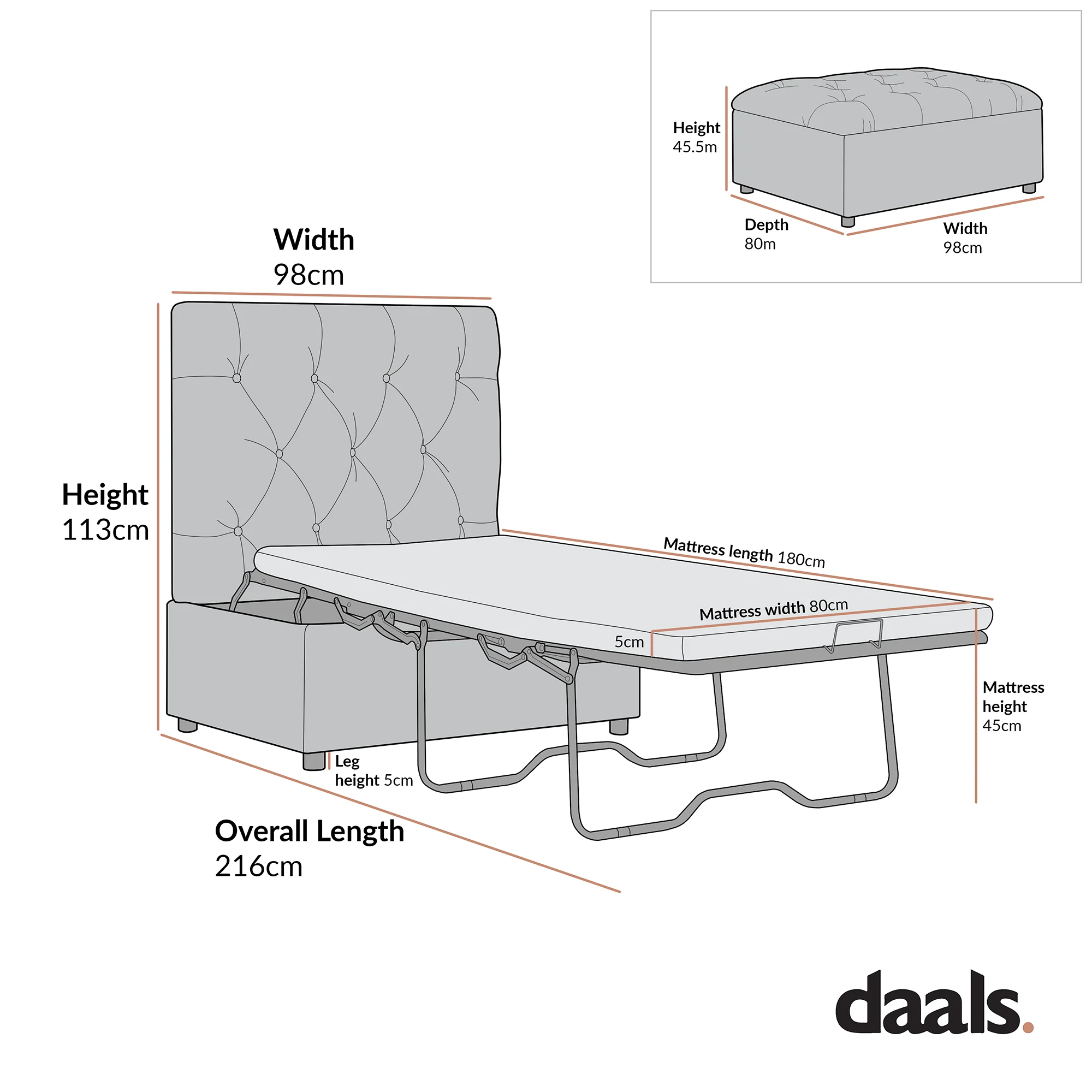 Portland Single Buttoned Fold-Out Bed in Ottoman, Rust Velvet - Image 10
