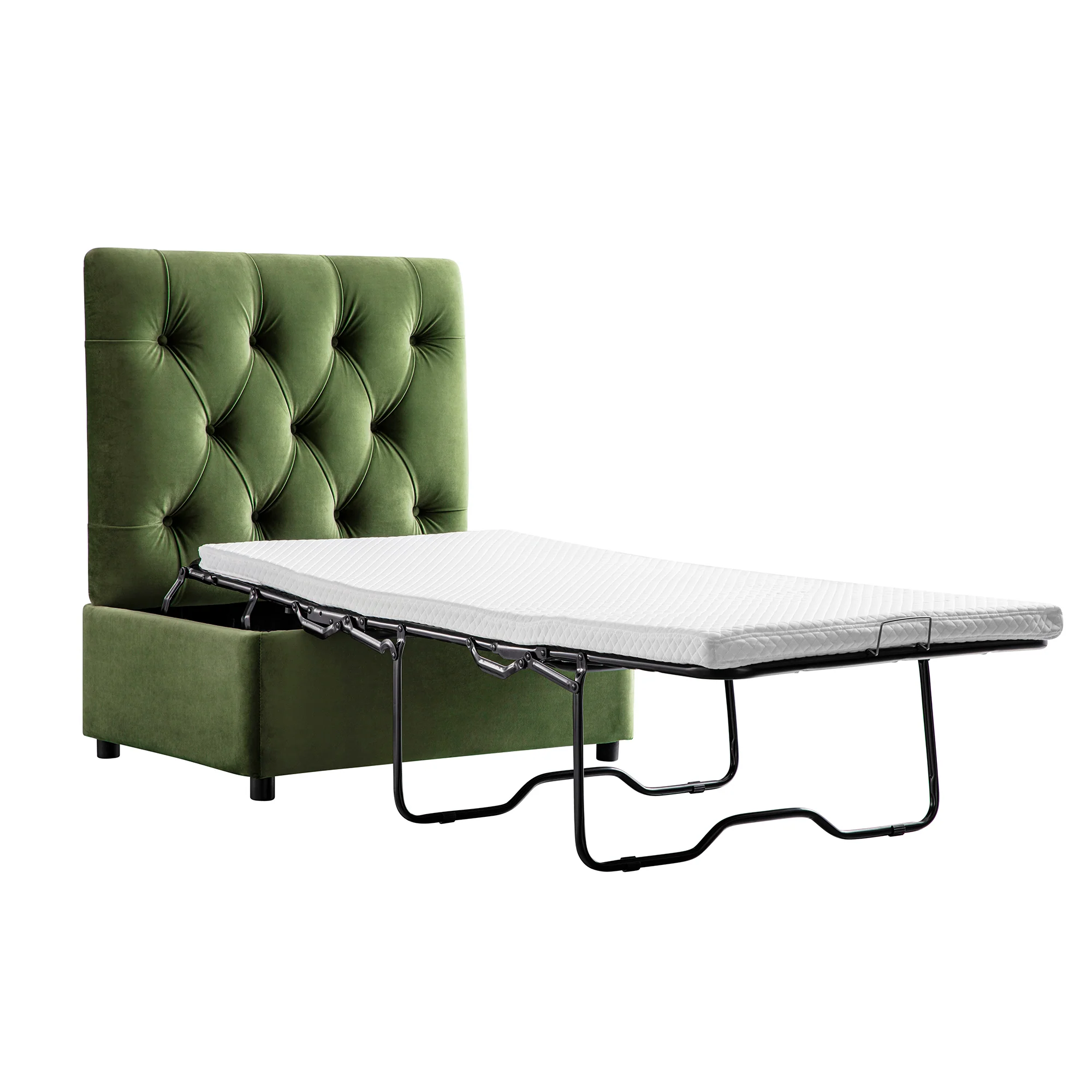 Portland Single Buttoned Fold-Out Bed in Ottoman, Moss Green Velvet - Image 9