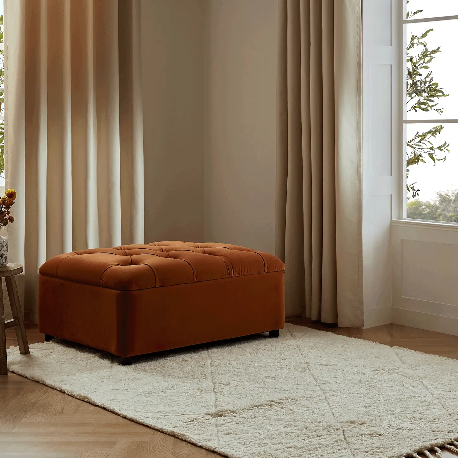 Portland Single Buttoned Fold-Out Bed in Ottoman, Rust Velvet - Image 2