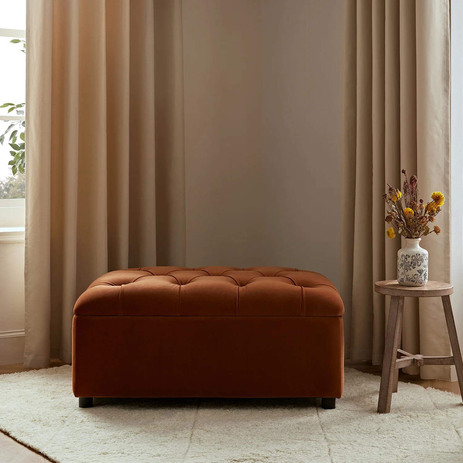Portland Single Buttoned Fold-Out Bed in Ottoman, Rust Velvet - Image 4