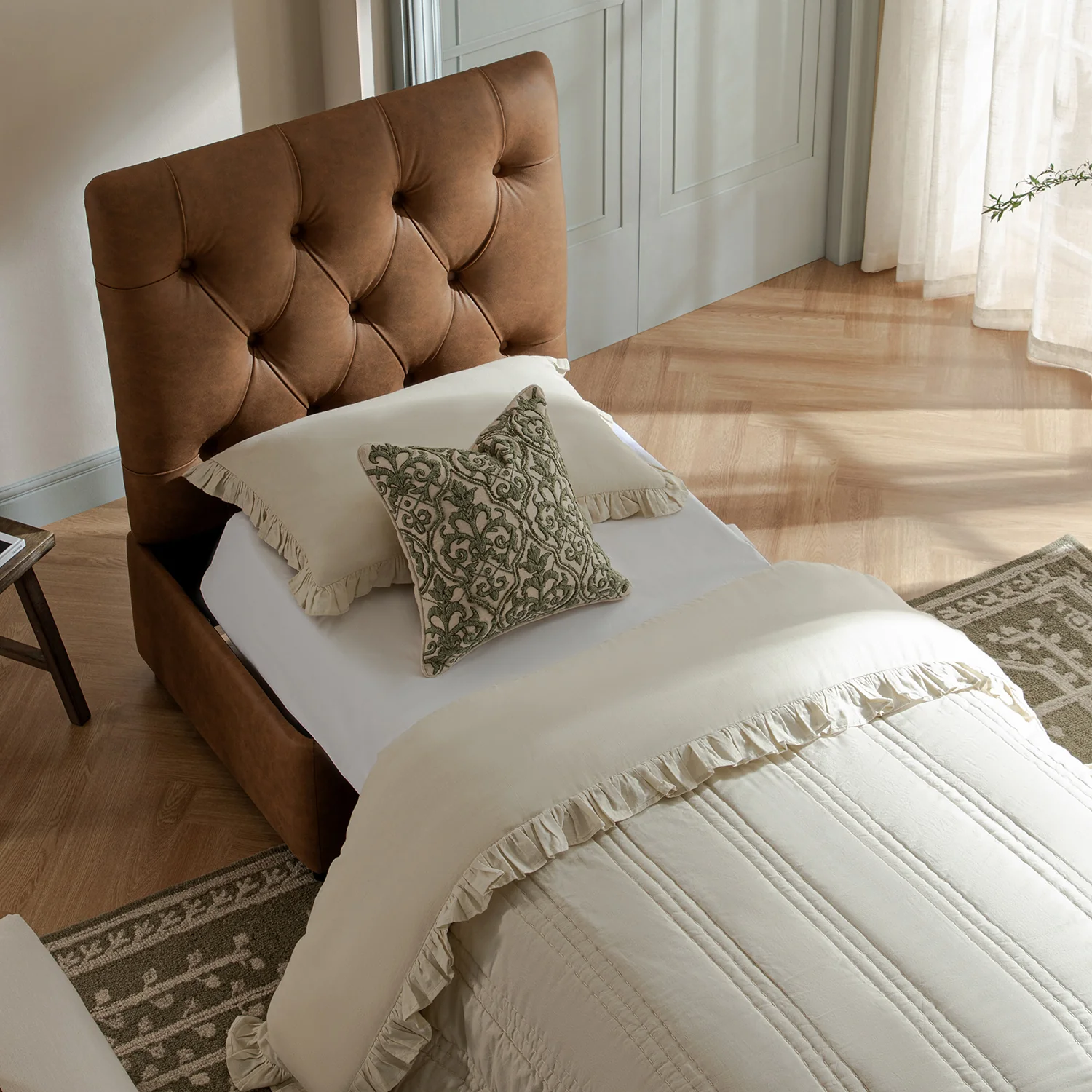Portland Single Buttoned Fold-Out Bed in Ottoman, Tan Faux Suede - Image 4
