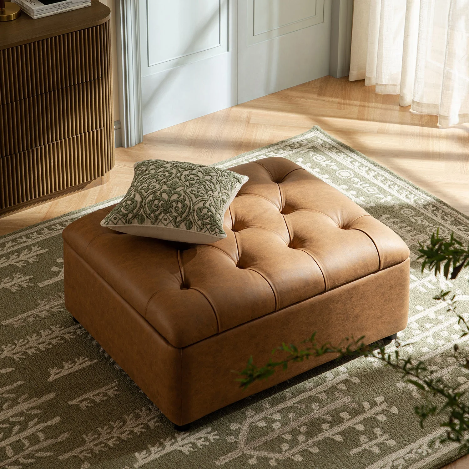 Portland Single Buttoned Fold-Out Bed in Ottoman, Tan Faux Suede - Image 5