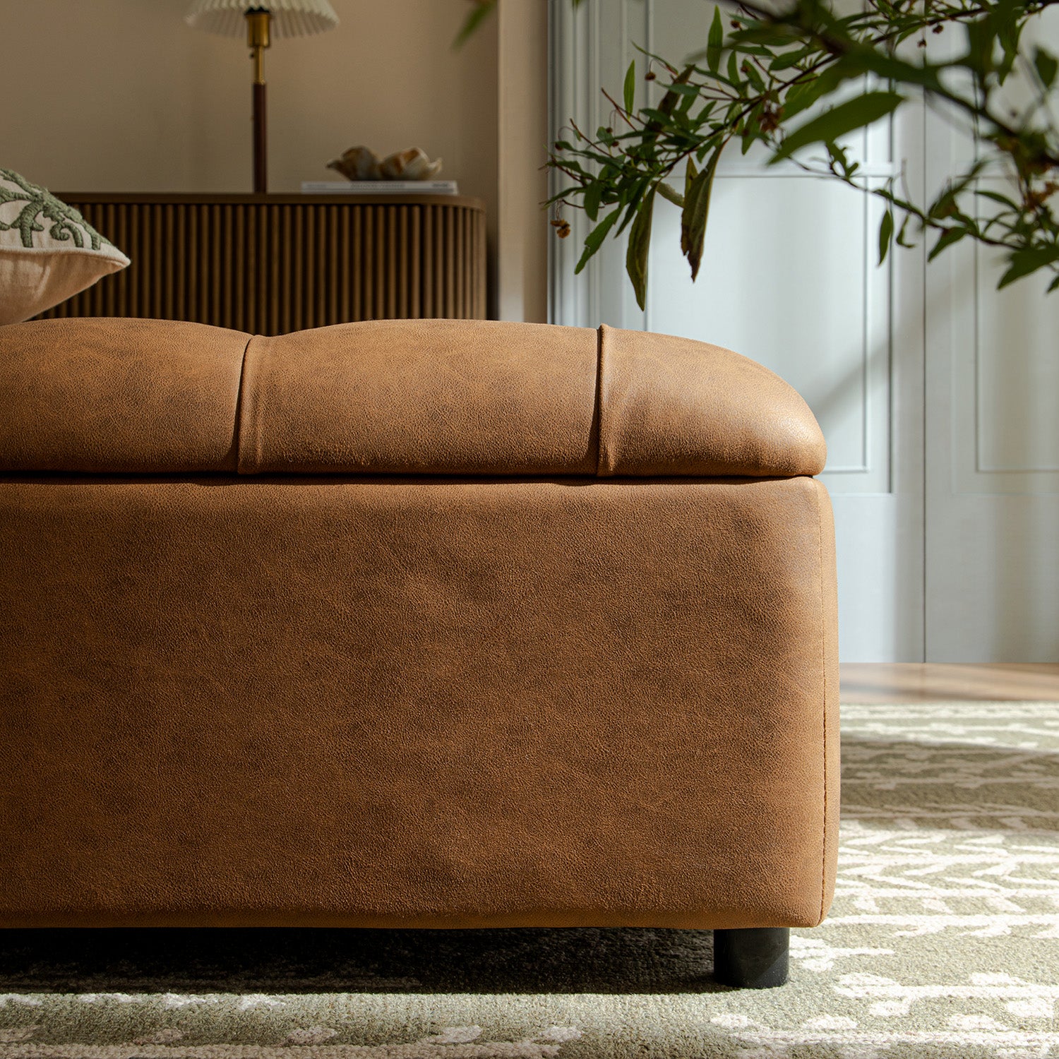 Portland Single Buttoned Fold-Out Bed in Ottoman, Tan Faux Suede - Image 8